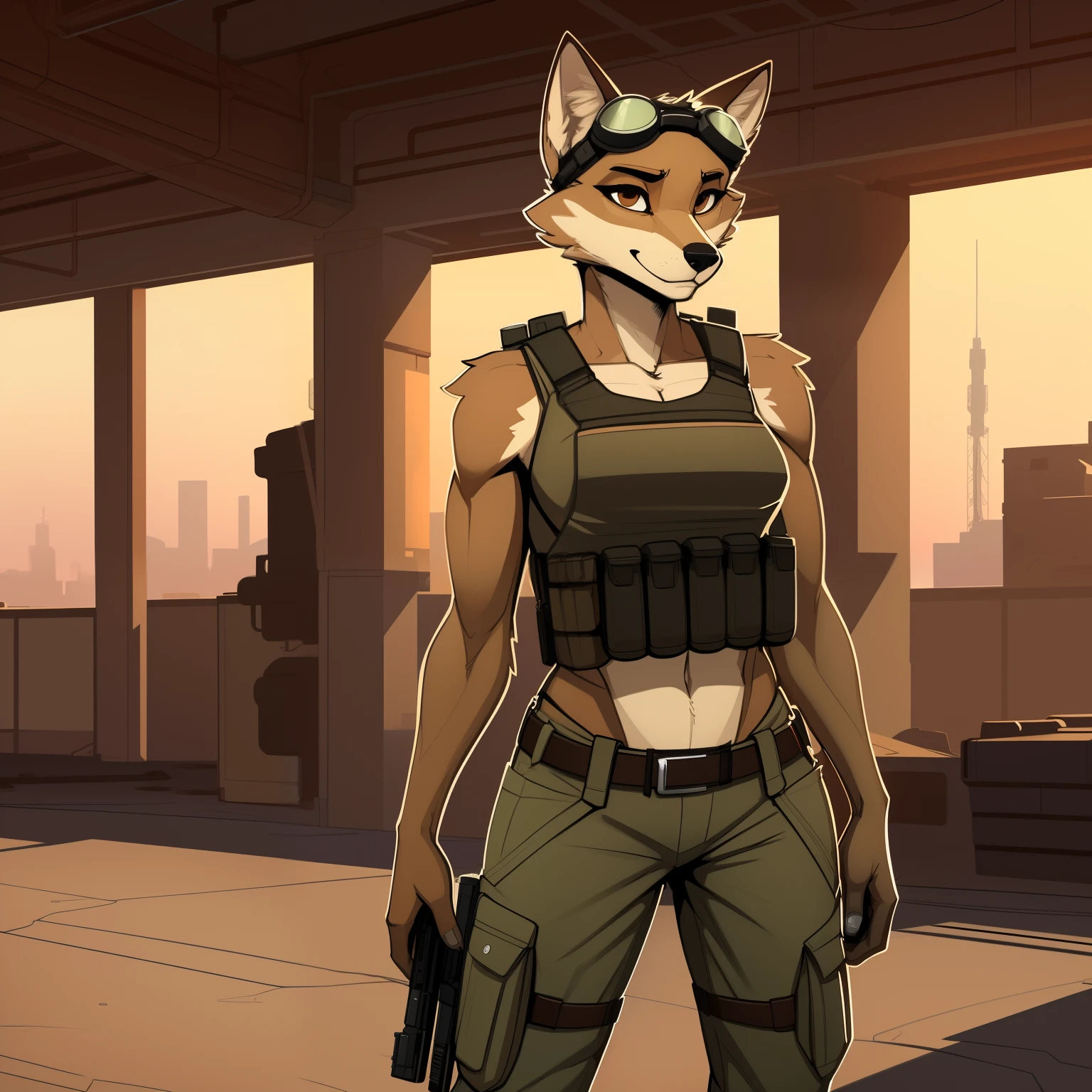 Lanky_athletic_coyote female khaki_furry_body brown_eyes tank_top tactical_vest cargo_pants goggles solo Masterpiece best_quality absurdres highly_detailed cleanly_drawn_eyes anthro_only by_claweddrip, by_greasymojo, by_underscore-b, by_runawaystride