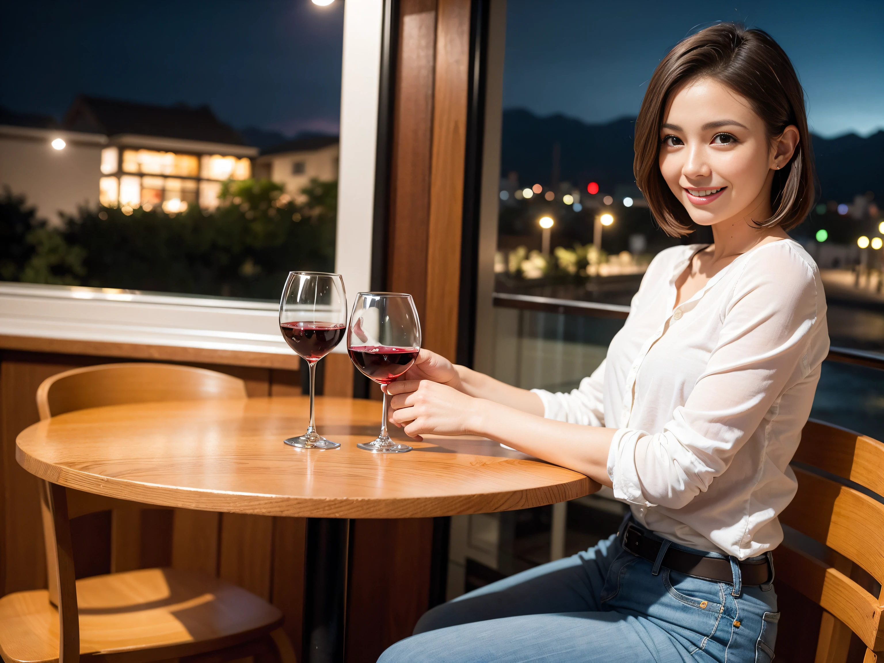 (64K, UHD, top quality, masterpiece: 1.2), (realistic, photorealistic: 1.37), super detailed, pretty woman 1 person, (slim face), (slim body), (brown hair), (short cut), cheeks slightly blushing, (41 years old), 38 years old, solo, outside the window is a beautiful detailed urban night view, restaurant, wine glasses sit, at night, in a prominent place (from the waist up) NovaFrogStyle, Actress, Model, Waist Up, White Wine, Slim, Wine Glass, Super Clean Night View, Wine Glass Put in the Middle, Happy Smile, (Smile: 1.15), Beautiful Fine Eyes, Upper Body, Bust Japan Up, Night, Short, Short, Actress, Model, Waist Up, White Wine, Slim, Wine Glass, Super Clean Night View, Wine Glass Put in the Middle, Happy Smile,