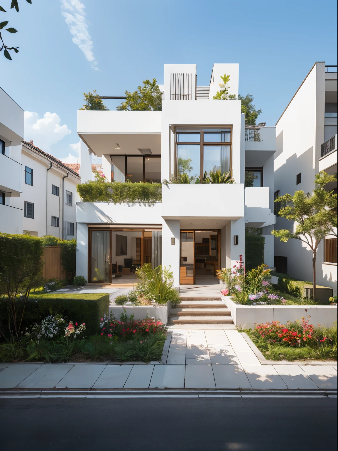 RAW photo, Masterpiece, high quality, best quality, realistic, super detailed, exterior, outdoor, townhouse, located in the city, (white wall :1.4), glass windows, (gray roof :1.1), decorative tiles on small wall, , trees, beautiful sky, grass, stone walkway, view from height (date:1.1), vivid colors, vray, (sunlight sky:1.1), decorative wooden paneling, wooden door frame, flower bed in front of the house