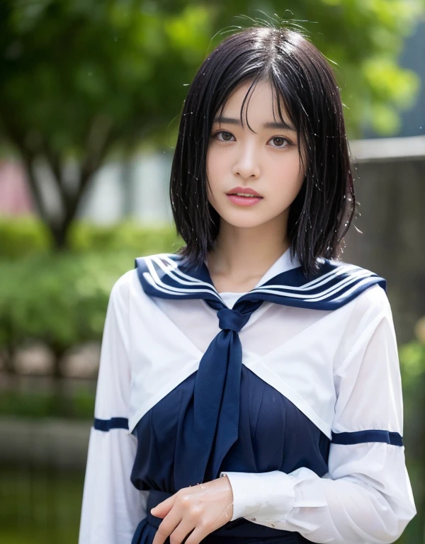 (of the highest quality, 4K, masutepiece:1.3), Pretty Woman, 1 woman, sixteen years old、(breasts, Attractive body:1.2), Abs:1.1, Dark black hair:1.1, (rainy wet, Wet in the rain, Wet torso: 1.2), Very fine face, Delicate lips, Delicate eyes, Double eyelids, Sparkling eyes, sparkling lips,hi-school girl、Wet white  blouse、Dark blue pleated skirt、Sheer underwear、a sailor suit、Dark blue high socks、lowfers,Kiss Face,sad Facial expression,embarassed expression,Alafed Girl, chiho, iwakura lain, closeup Iwakura Lain, With short hair, Shiori Teshirogi, Kotegawa Yui, hime-cut, She is 17 years old, sui ishida with black hair, lain iwakura, girl cute-fine-face, Clear pubic contours,(Small breasts), hight resolution, ighly detailed, top-quality, [​masterpiece:1.6],, ighly detailed, nffsw, finely detail, top-quality, , Cinematographic lighting, 1girl in、17 age、Cute Japan Girls、perfect body type、, Cute droopy eyes、Beautiful big eyes、ultra-detailliert、hight resolution、Transcendent beauty　top-quality、​masterpiece、majicMIX Real、(Raw photography:1.2)、(Photorealsitic:1.4)、
