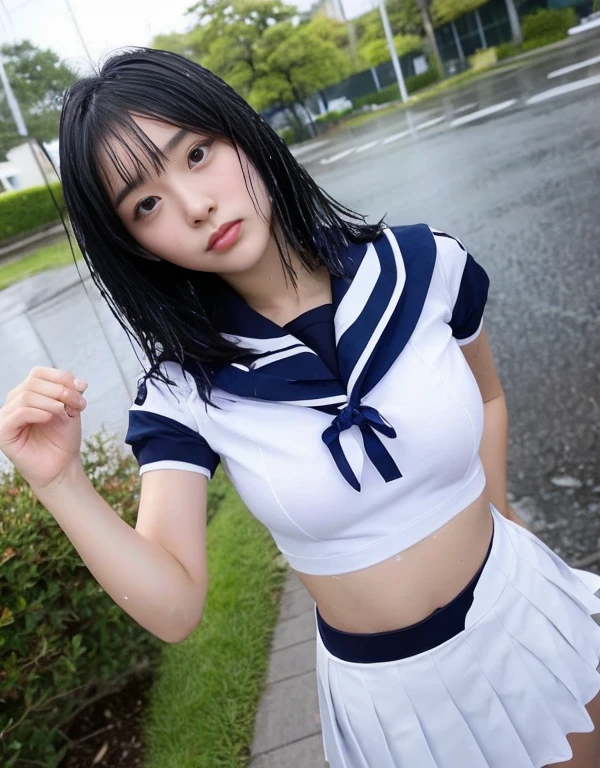 最high quality、high quality、best image quality、8k、最High resolution、High resolution、最high quality、masterpiece、RAW photo、whole body写真、Realistic human body in every detail、Realistic skin in every detail、Realistic face in every detail、Realistic eyes down to the details、Realistic lips in every detail、Realistic teeth in every detail、Realistic ears down to the last detail、Realistic hair down to the last detail、Realistic arms down to the last detail、Realistic reproduction of every detail、Realistic fingers in every detail、(fine hands、thumb1reference4)、Realistic feet in every detail、Realistic feet in every detail、Realistic breasts down to the last detail、Realistic areola in every detail、Realistic nipples down to the last detail、((beautiful japanese girl))、(japanese model), (japanese woman)、((18 year old beautiful girl))、(black hair)、(straight hair)、(ponytail)、((whole body))、((beautiful upturned chest))、(Slim and slender、Stylish slim body shape)、(whole body光沢肌、Fair skin)、Detailed and realistic human body、detailed realistic skin、detailed realistic face、detailed realistic arms、detailed realistic fingers、Detailed realistic feet、detailed realistic breasts、((dark cold stormy weather))、((pouring rain))、((Heavy rain))、((school ground))、sailor suit、sailor school uniform、、sailor skirt、、high school student、japanese school uniform、((pouring rainの中(girl standing in the center of the ground))、((It gets wet and see-through(クロップトップsailor suit、ミニsailor skirt))、((sad expression、Are crying))、((pouring rainを浴びて(Drenched skin from head to toe))、((rainwater dripping from the skin))、((Wet and adhere tightly to the skin(クロップトップsailor suit、ミニsailor skirt))、((Rainwater dripping from uniform))、濡れたsailor suitから乳首の形がはっきりとわかる、angle from below
