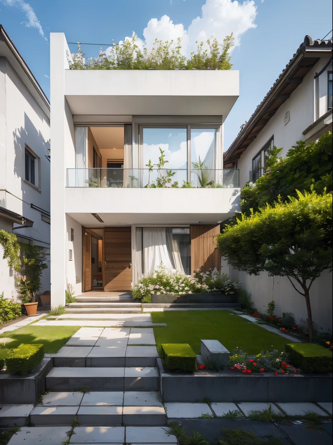 RAW photo, Masterpiece, high quality, best quality, realistic, super detailed, exterior, outdoor, townhouse, located in the city, (white wall :1.4), glass windows, (gray roof :1.1), decorative tiles on small wall, , trees, beautiful sky, grass, stone walkway, view from height (date:1.1), vivid colors, vray, (sunlight sky:1.1), decorative wooden paneling, wooden door frame, flower bed in front of the house