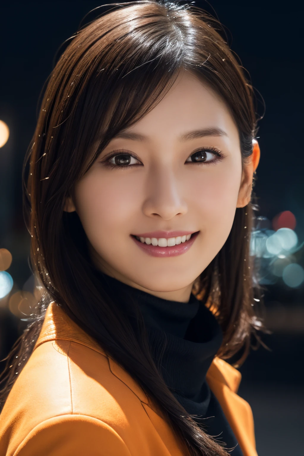 1girl in, (Wearing a high neck and orange coat:1.2), (Raw photo, Best Quality), (Realistic, Photorealsitic:1.4), masutepiece, Extremely delicate and beautiful, Extremely detailed, 2k wallpaper, amazing, finely detail, the Extremely Detailed CG Unity 8K Wallpapers, Ultra-detailed, hight resolution, Soft light, Beautiful detailed girl, extremely detailed eye and face, beautiful detailed nose, Beautiful detailed eyes, Cinematic lighting, city light at night, Perfect Anatomy, Slender body, Smiling