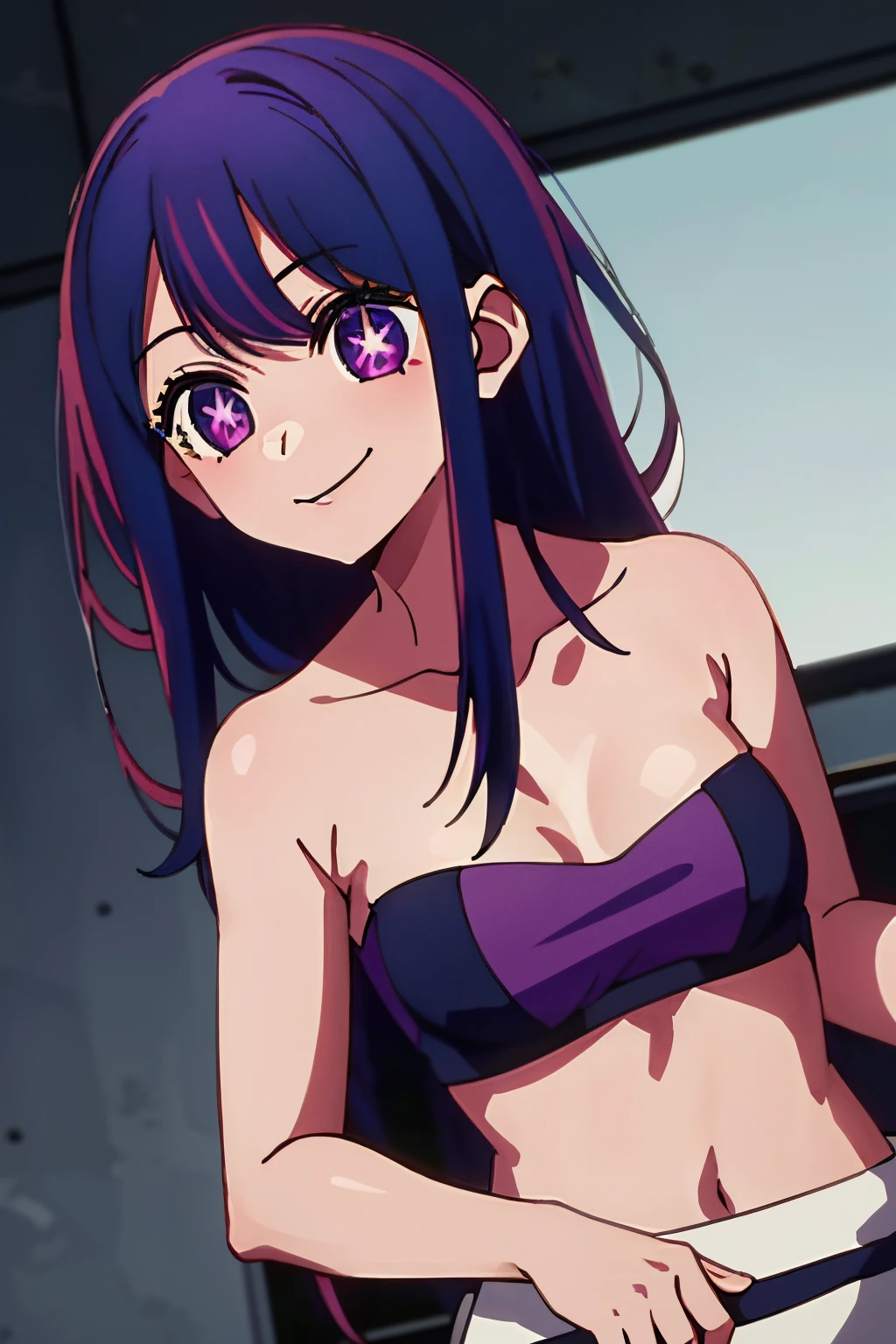 masterpiece、highly detailed、(1 girl in:1.2)、purple hair、swimwear, purple bikini,yellow star print, bikini print、big eye、Close up、smile、8k、Ai hoshino、 Live performance venue, big breasts, wide hips, wide thighs, round and thick butt