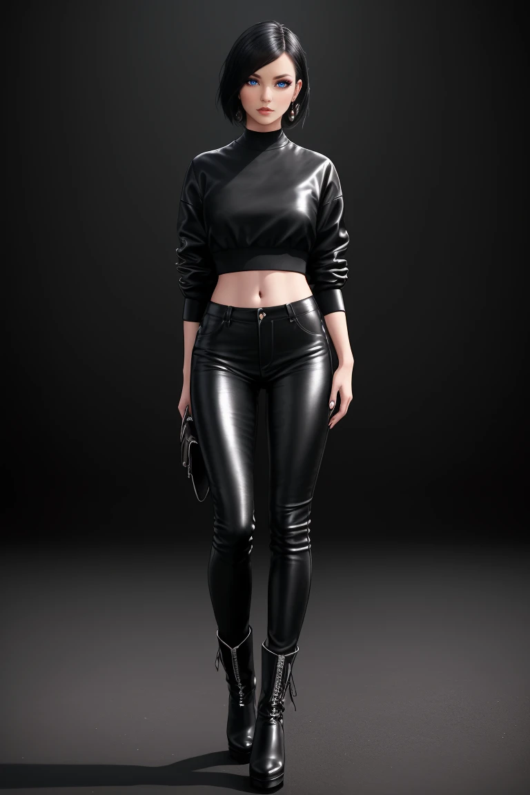 beautiful girl, ((standing:1.4)), (confident gaze:1.1), full body, short bright neon streaked black hair, ((realistic highly detailed eyes:1.4)), ((seductive pose:1.2)), black eyeshadow, (street style wear:1.2), ((tight fitted pants)), ((knee high leather boots)), ((dark plain black background:1.4)), dark makeup, digital art, trending on artstation, highly detailed, fine detail, intricate, detailed facial features, sharp focus, smooth, aesthetic,