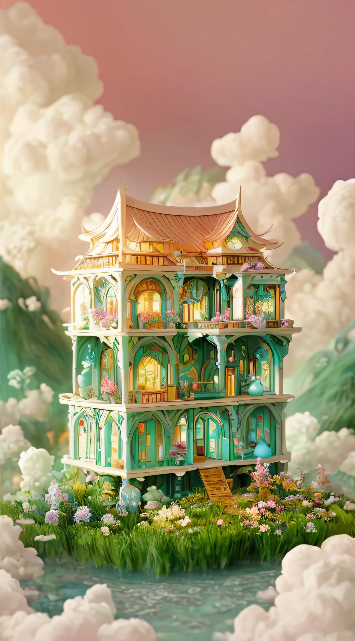 There is a cosmetic storage box in the middle of the field, dreamy and detailed, highly detailed scenario, intricate fantasy, high detal), Cloud Palace, Fantastic atmosphere and drama, Tiffany, Art Nouveau octane rendering, yanjun chengt, detailed scene, palace floating in the sky, highly detailed composition, Fantastical Atmosphere, vignet, 3D amazing details，Glass art，Chinese elements