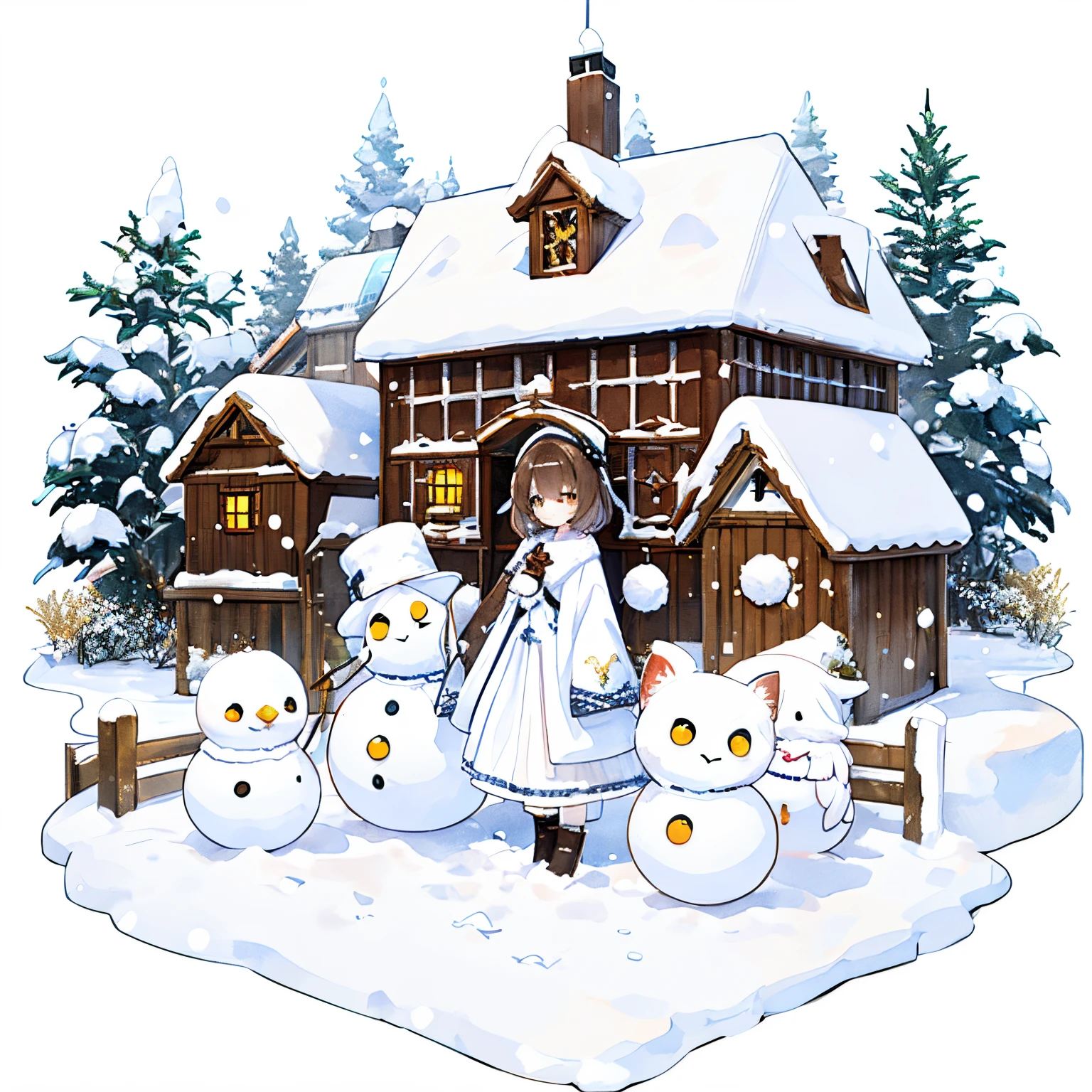 Transparent watercolor,girl with,Jewel Eyes,Beautiful arrangements and motifs、A slight smil、Originality、GAMECHARACTER DESIGN、kirakira、ornamented、ren, Snow-white clothes、The sleeves are also fluffy、Fluffy house、White short dress、Winters、snow motif、Yuki、white fluffy little hat、yellow eyes、brown haired, short-hair、, Gentle smile, White background,, Detailed picture , depth of fields , Fantastic 、GAMECHARACTER DESIGN、(one girls:1.0)、A slightly surprised look、Hands as vessels、Scooping snow by hand、hold snow with both hands、snow fox、lots of fur、full body Esbian、snowman