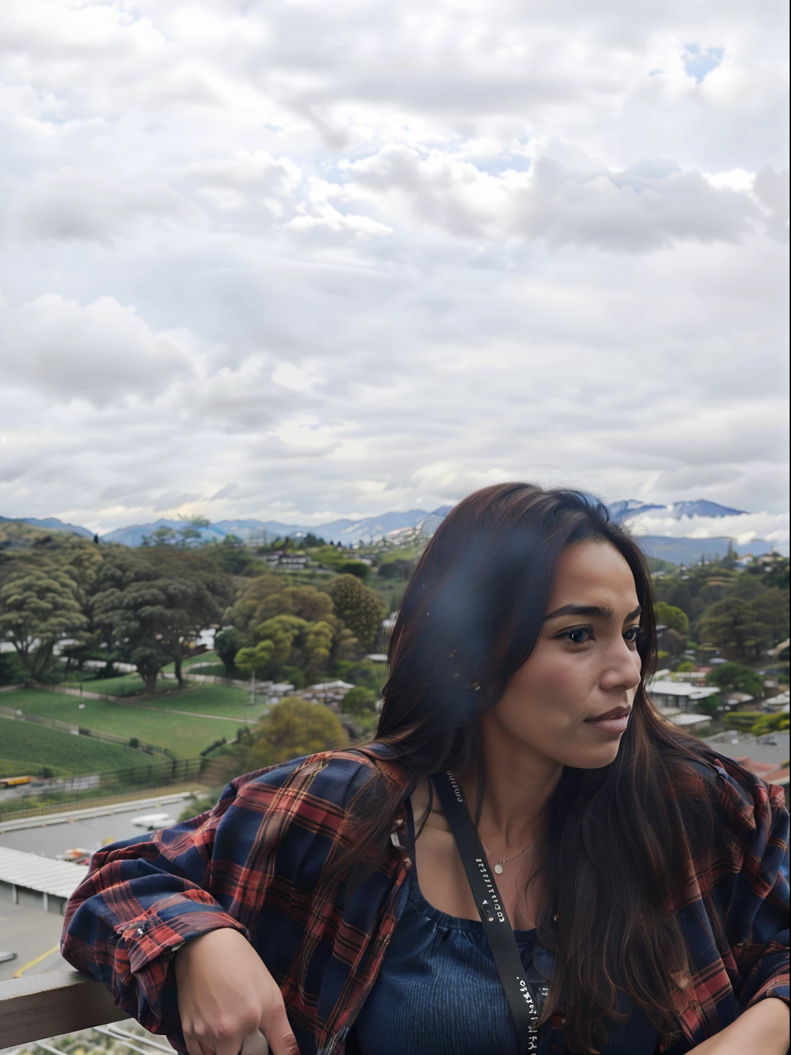 araffe woman in a plaid shirt and jeans standing on a balcony, on a sunny day, casual pose, with mountains in the background, hills in the background, on a cloudy day, with backdrop of natural light, ayahausca, photo taken in 2 0 2 0, photo taken with canon 5d, with a park in the background