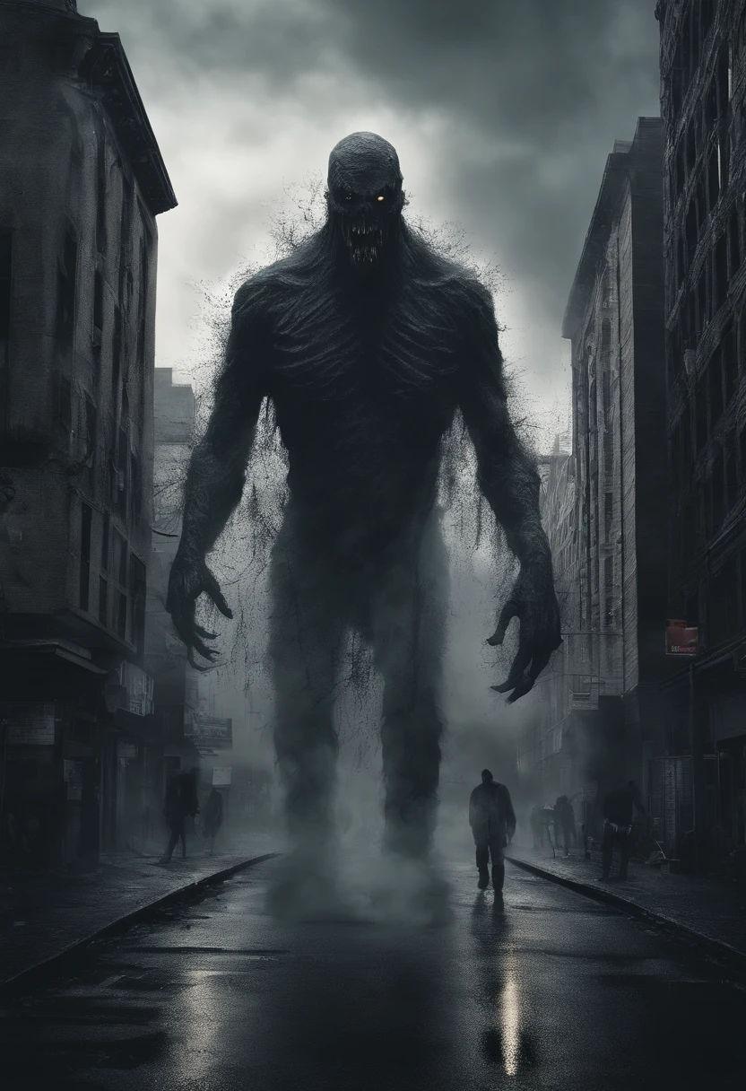 horror scene from a movie, many giant tall scary monster figures semi transparent apparitions floating and flying, smoke on the floor,  in city street, busy crowd running away
