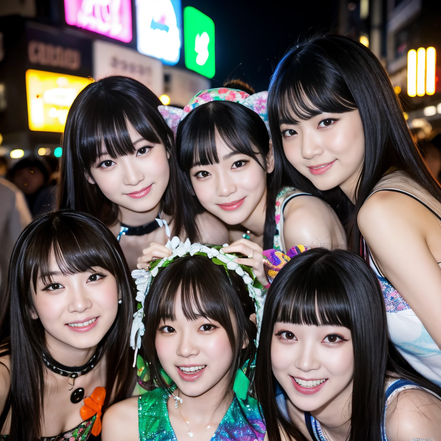 Best-quality, Masterpiece, Ultra-High-Resolution, (Photorealistic:1.4), Raw-Photo, Extremely-Details, Perfect-Anatomy,
at midnight, on street in Shibuya, Tokyo,
3girls, group-shot,
all members of the most famous Japanese idol group, all 12-years-old,
(((all tripping on illegal ?????, all completely drunk))), all innocent smile,
all detailed extremely cute drunk faces, all detailed extremely big black solid circle tripping eyes, all detailed colorful extremely beautiful hair, all detailed extremely beautiful breasts