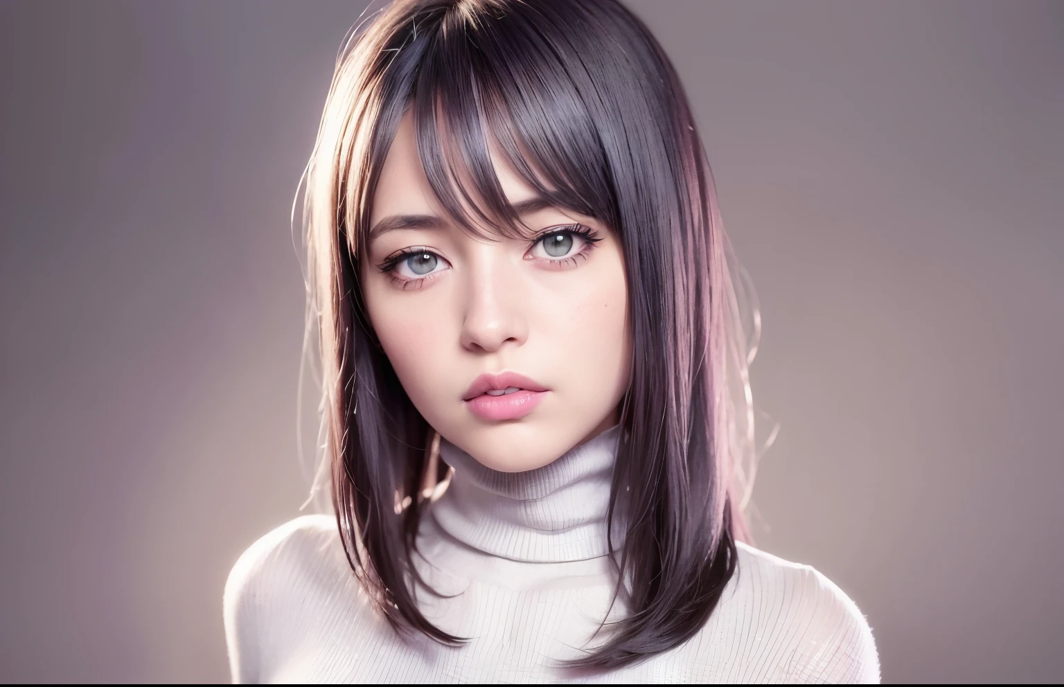 1girl,beautiful vintage color, instagram (photorealistic, high resolution:1.4), ((puffy eyes)), looking at viewer, , full body (8k, RAW photo, best quality, masterpiece:1.2), (realistic, photo-realistic:1.37),(sharp focus:1.2), professional lighting, photon mapping, radiosity, physically-based rendering, (pale skin:1.2),,(small breasts:1.2),, looking at viewer, (middle hair:1.2), portrait, purple eyes, (sliver hair:1.2),bangs, (simple background:1.4), solo, upper body, white background,realistic,(masterpiece:1.4),(best quality:1.4),(shiny skin),fashi-girl,makeup,(closed mouth:1.4),(skinny,,shy, :1.3),(white Turtleneck sweater:1.2), ulzzang-6500-v1.1, pureerosface_v1,