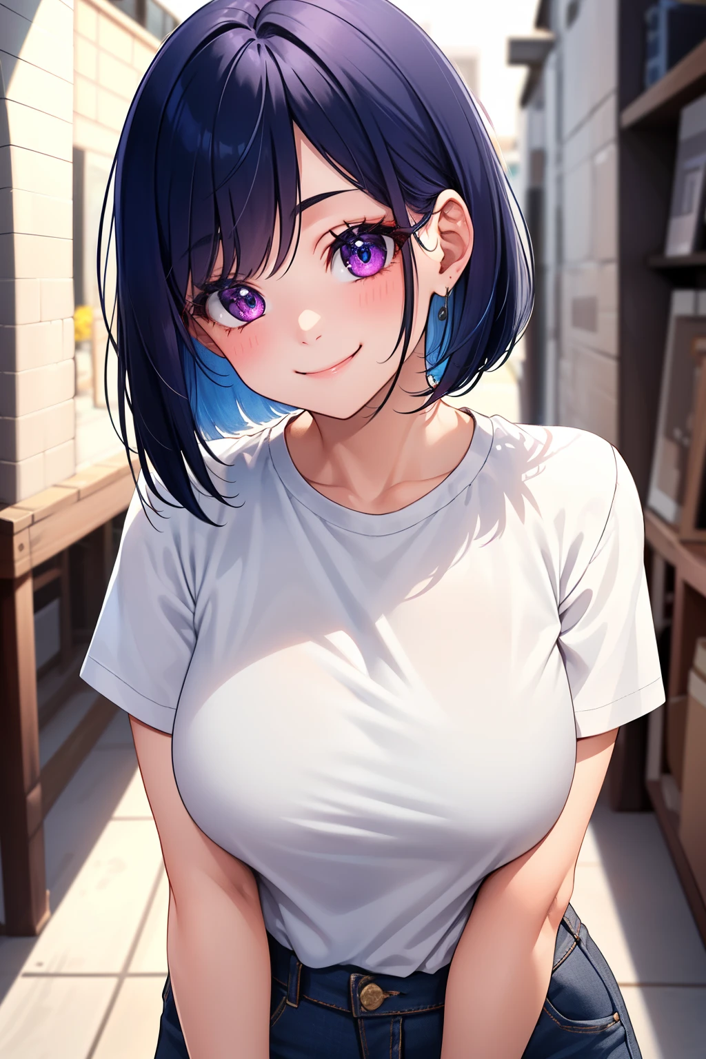 Sexy and cute woman, short black hair, bob style, kind soft delicate eyes, expressive eyes, seductive gaze, deepest pink blush, glossy red lips smiling parted, plump, long neck, visible collarbone, medium chest, white t shirt with black graphics tucked into black shiny pants, pinned against a wooden wall, intimate moment