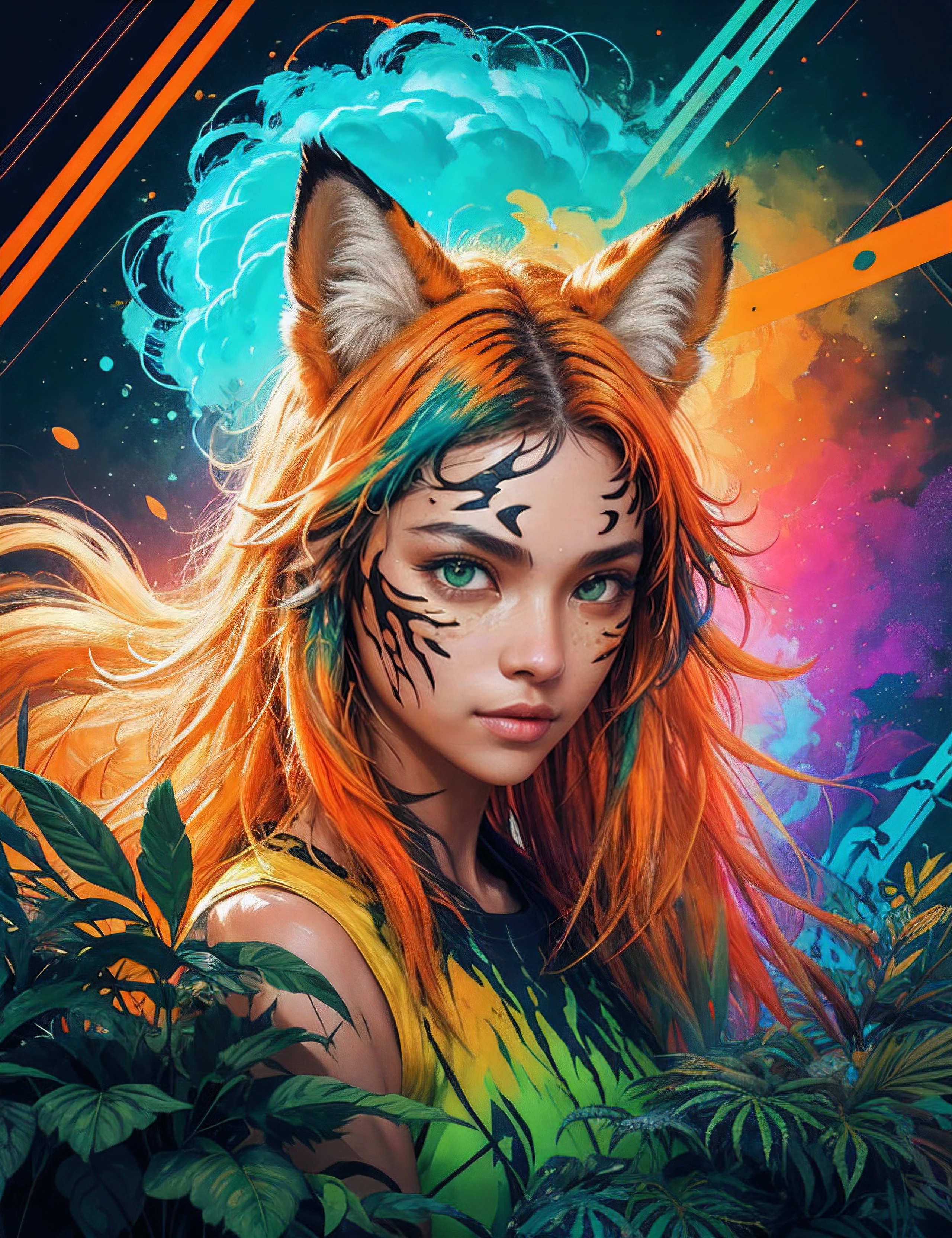 (masterpiece:1.1), (highest quality:1.1), (HDR:1.0), extreme quality, cg, (negative space), detailed face+eyes, 1girl, fox ears, animal ear fluff, (plants:1.18), (fractal art), (bright colors), splashes of color background, colors mashing, paint splatter, complimentary colors, neon, (thunder tiger), compassionate, electric, limited palette, synthwave, fine art, tan skin, upper body, (green and orange:1.2), time stop, sy3, SMM