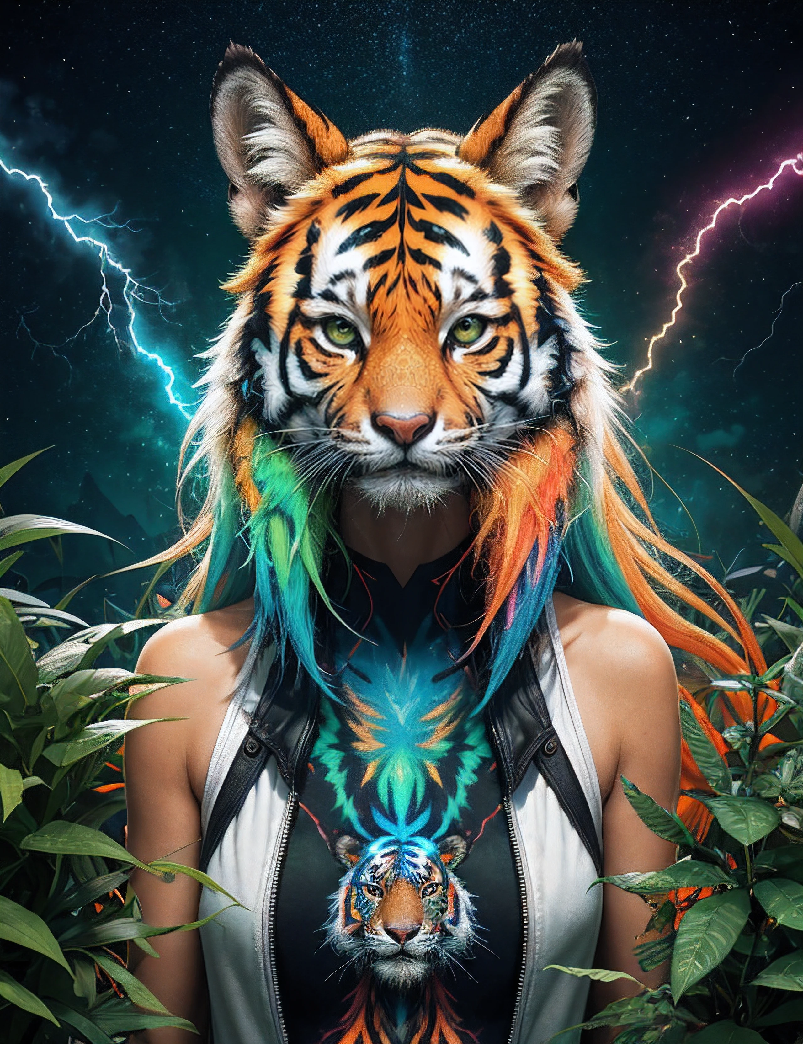 (masterpiece:1.1), (highest quality:1.1), (HDR:1.0), extreme quality, cg, (negative space), detailed face+eyes, 1girl, fox ears, animal ear fluff, (plants:1.18), (fractal art), (bright colors), splashes of color background, colors mashing, paint splatter, complimentary colors, neon, (thunder tiger), compassionate, electric, limited palette, synthwave, fine art, tan skin, upper body, (green and orange:1.2), time stop, sy3, SMM
