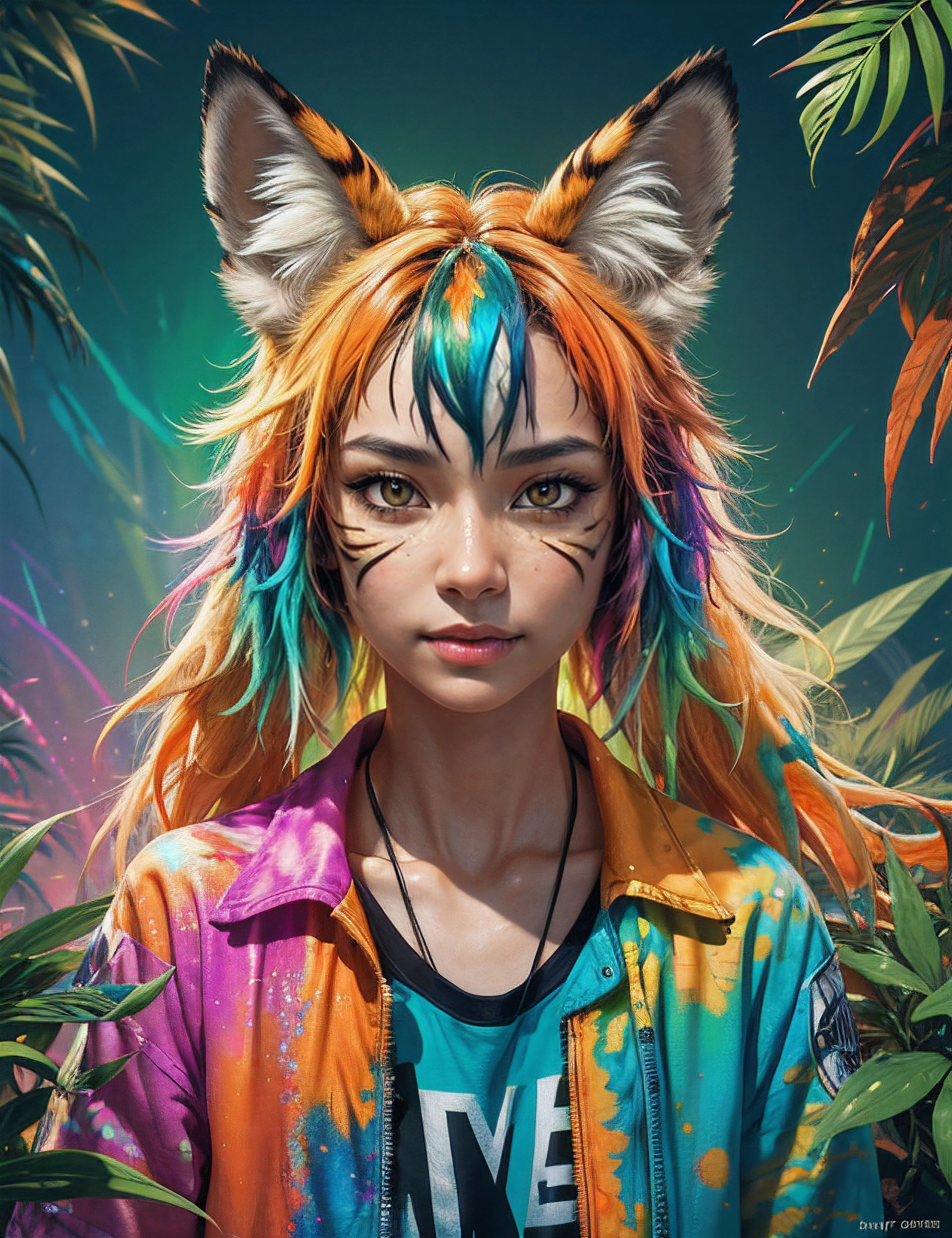 (masterpiece:1.1), (highest quality:1.1), (HDR:1.0), extreme quality, cg, (negative space), detailed face+eyes, 1girl, fox ears, animal ear fluff, (plants:1.18), (fractal art), (bright colors), splashes of color background, colors mashing, paint splatter, complimentary colors, neon, (thunder tiger), compassionate, electric, limited palette, synthwave, fine art, tan skin, upper body, (green and orange:1.2), time stop, sy3, SMM