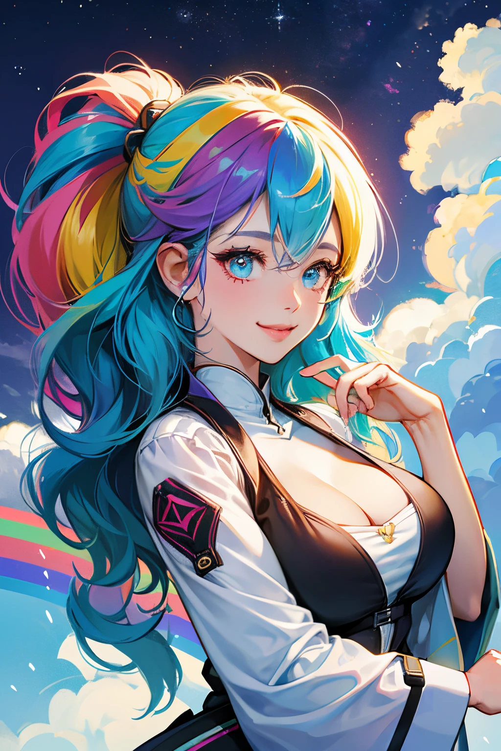 hightquality, one girl,Rainbow hair,clouds,nigh sky, Colorful,stele,kirakira,bustup, milf, large breasts, loving smile