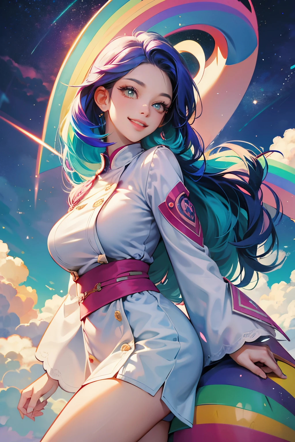 hightquality, one girl,Rainbow hair,clouds,nigh sky, Colorful,stele,kirakira,bustup, milf, large breasts, loving smile