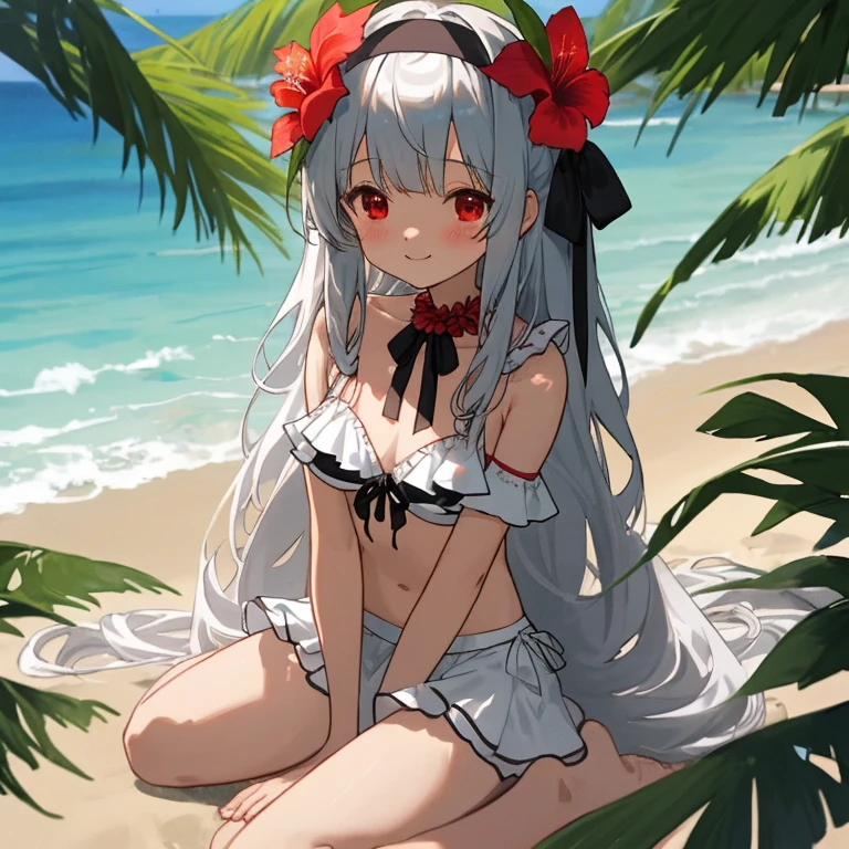 tropical sea in the evening、Silver-haired long(Curly hair)、Black headband、Hibiscus on the head、With bangs、red eyes、hang a wreath around one's neck、White Bikini、White ribbon on frilled miniskirt、thigh、Wrap a black ribbon around your thighs、bare-legged、Sit on the sandy beach、a smile、opens legs、anime illustrated