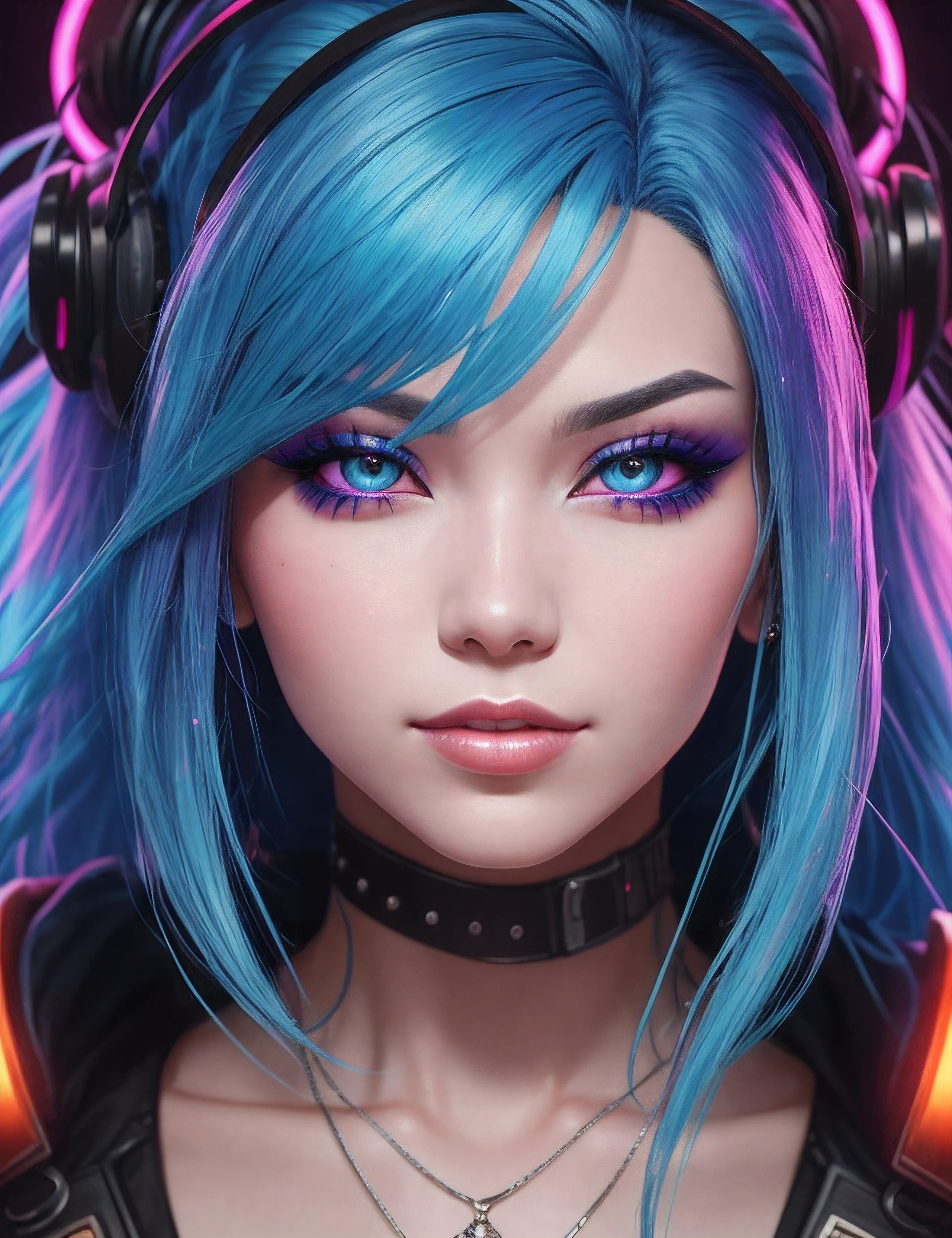 Close-up of a girl with blue hair and purple wig, ciberpunk: Evil Magnificent Goddess, rossdraws cartoon vibrant, Cyberpunk art, Dark Fantasy, Portrait of Jinx from the movie "Arcane", Dreamy Girl , Cyberpunk 2077