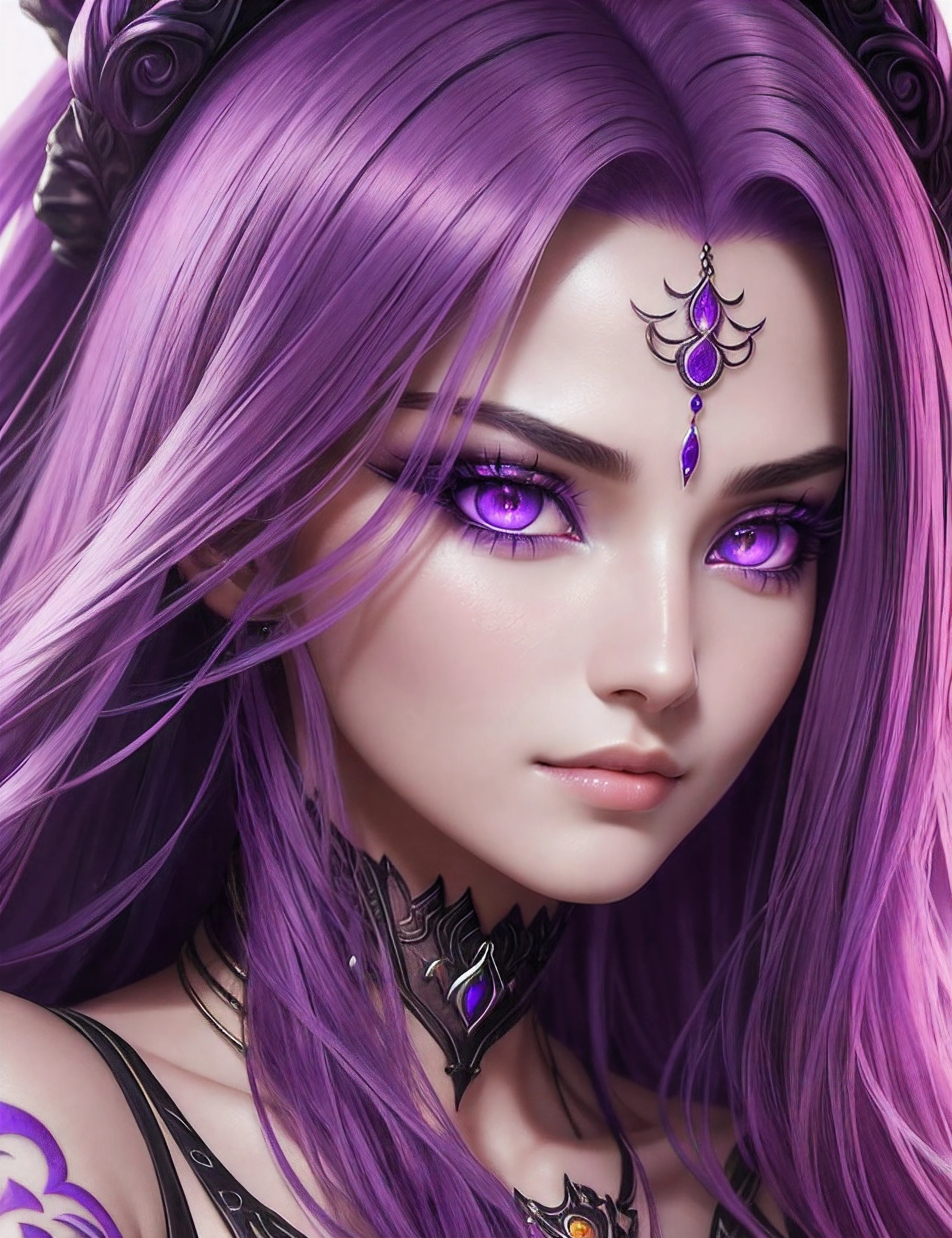 tmasterpiece, beste-Qualit, ciberpunk: Evil Magnificent Goddess, Very large purple eyes, large natural breast, Highly detailed face, Highly detailed eyes, Symmetrical Face, Very Very Long Purple Hair, Hair Jewelry, Cyber Jaw, (fangs:1.2), Lower angle, is looking at the camera, faint smile, hyper realistic, (photorealestic:1.4), (intricate detials:0.9), Nine Natural Skin Texture, Rossdraws Cartoon, Dark Fantasy, Portrait of Jinx from the film "Arcane", Dreamy Girl, cyberpunk 2077