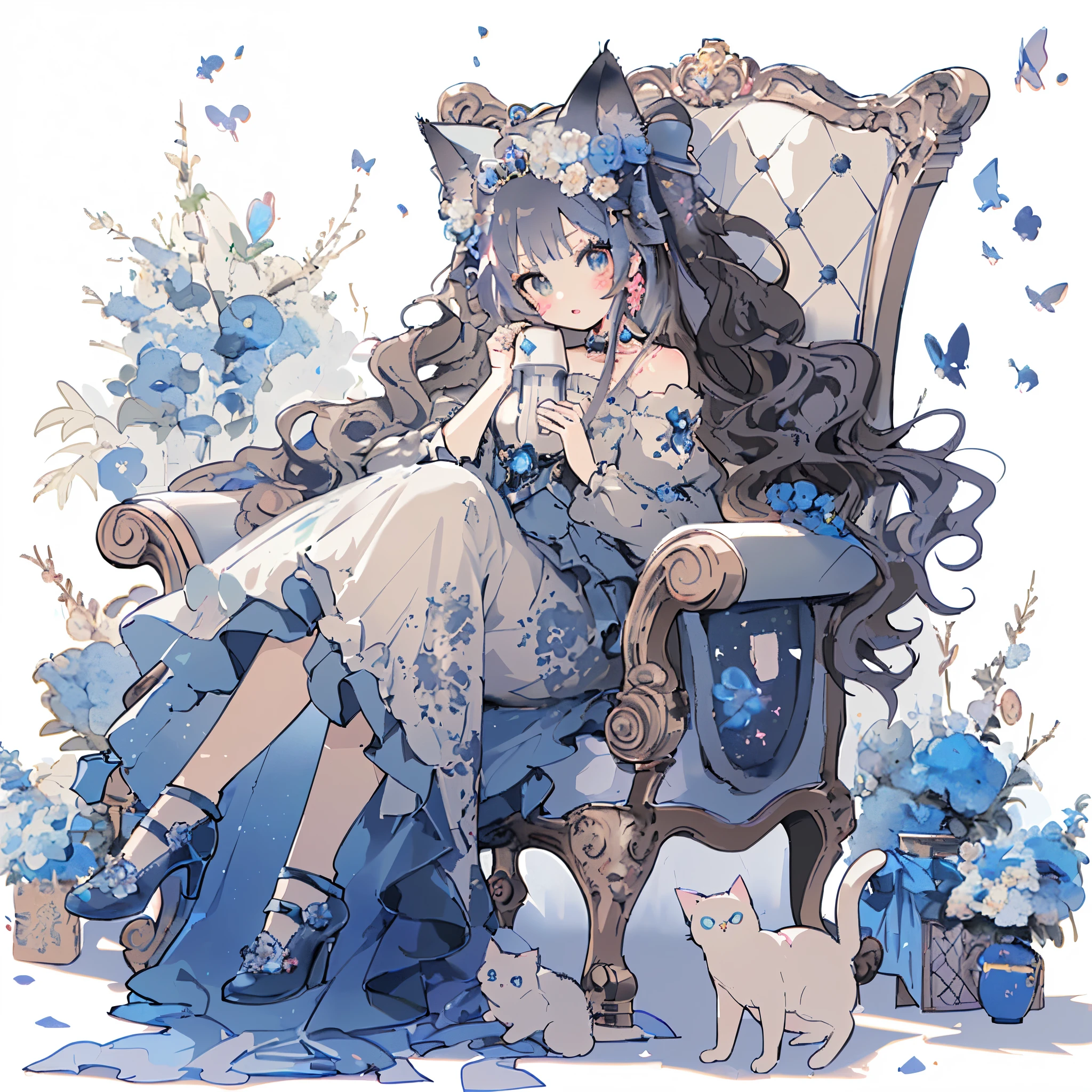 anime,full body,2D,character, Cat ear,girl,It is drawn in multicolored ink,cute princess,Gorgeous tiara on the head,The girl is sitting in a royal chair surrounded by colorful flowers and fine furniture,Super detailed,high quality