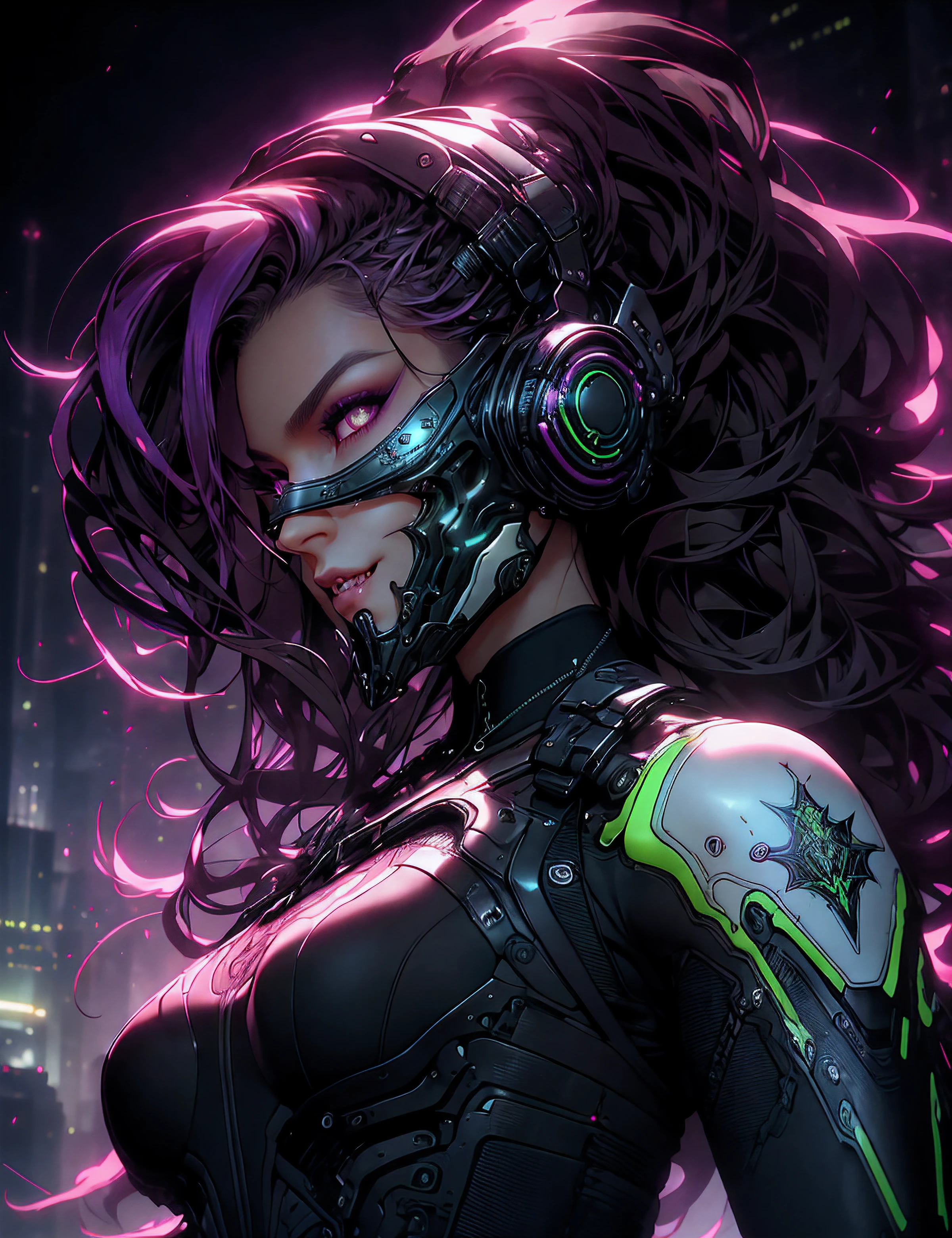 tmasterpiece, beste-Qualit, ciberpunk: Evil Magnificent Goddess, Very large purple eyes, large natural breast, Highly detailed face, Highly detailed eyes, Symmetrical Face, Very Very Long Purple Hair, Hair Jewelry, Cyber Jaw, (fangs:1.2), Lower angle, is looking at the camera, faint smile, shapely body, shapely thighs, 1/2 body crop, hyper realistic, dynamicpose, (photorealestic:1.4), (intricate detials:0.9), cyberpunk 2077, dramatic lighting, photo realism, Ultra Detailed, cienatic look, Soothing tones, Contour illumination,