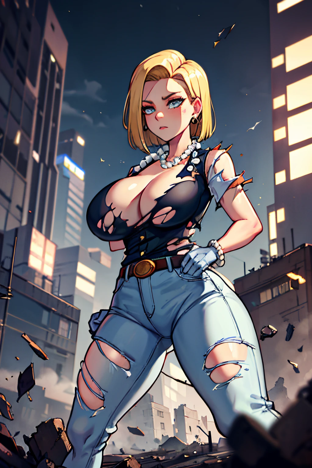 best quality, high definition, and18, 1girl, Android 18, solo, blonde hair, blue eyes, belt, jeans, pearl_necklace, bracelet, black gloves, cleavage, white shirt, short hair, short sleeves, earrings, blue pants, open vest, black vest, big breasts, wide hips, ass, legs apart, ruined city, rubble everywhere, (torn clothes: 1.5), erotica, standing, expressionless, gigantic breasts