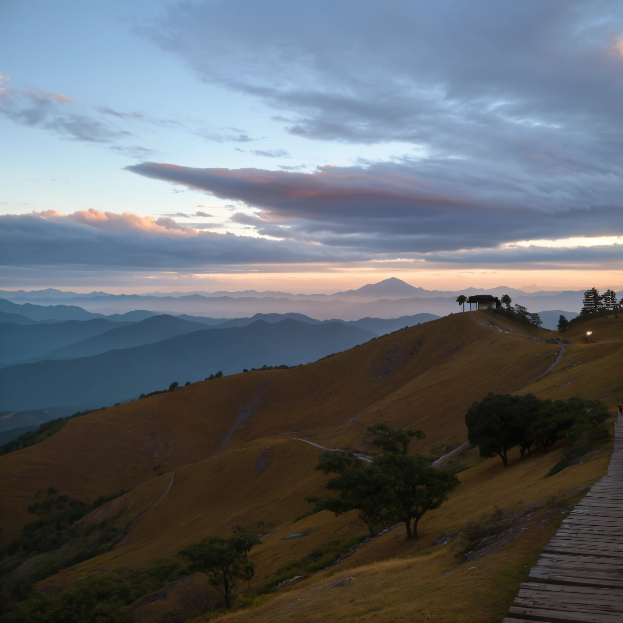 There is a wooden walkway leading up the mountain,The background is a mountain, mountains and sunset!!, natta, At sunset, It's time to climb the mountain, Mountains and colorful sunset!!, at sunrise, author:Matteo Pérez, author:Nico Henrikong, At sunset, Beautiful Late Afternoon, early evening!, mountain in background