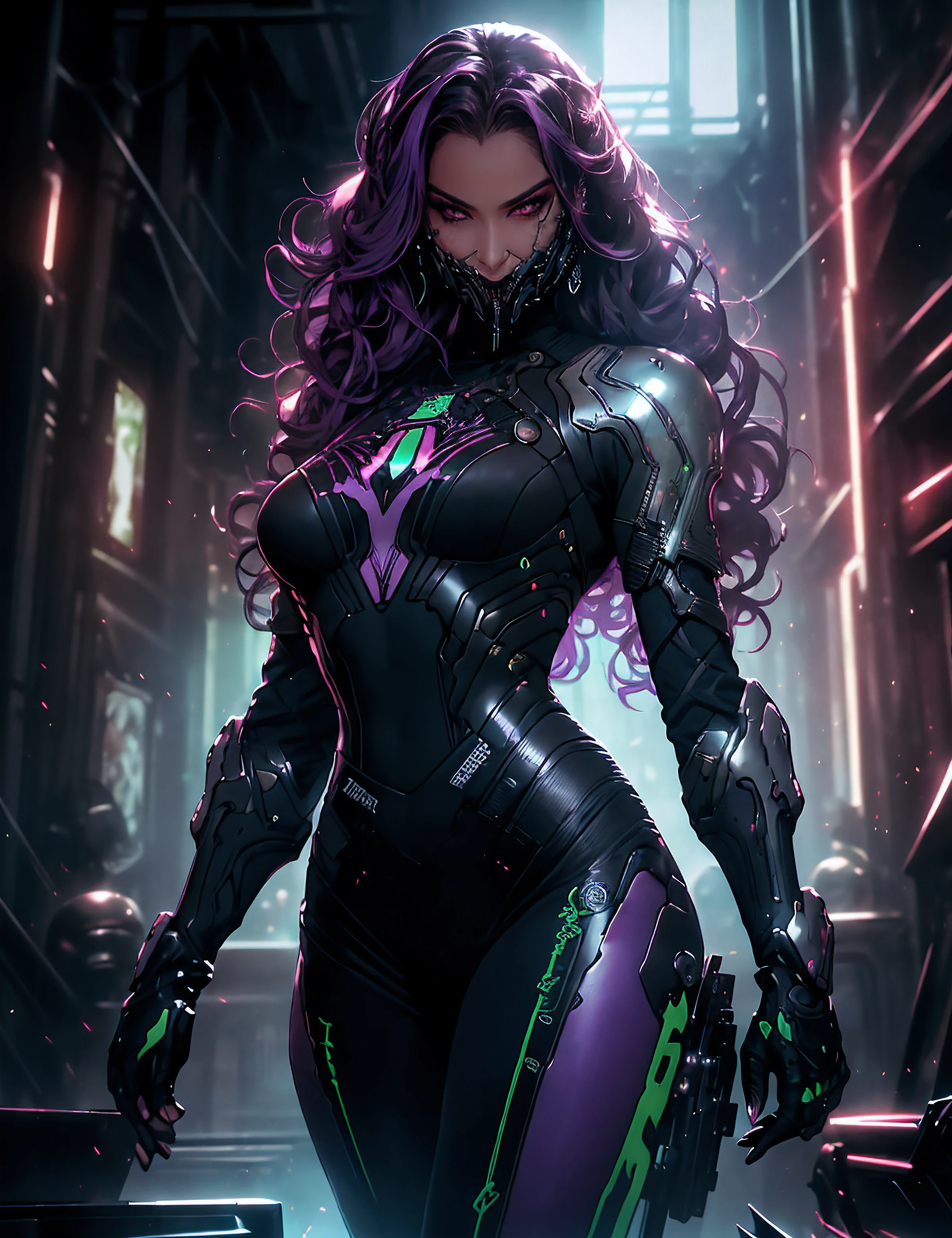 tmasterpiece, beste-Qualit, ciberpunk: Evil Magnificent Goddess, Very large purple eyes, large natural breast, Highly detailed face, Highly detailed eyes, Symmetrical Face, Very Very Long Purple Hair, Hair Jewelry, Cyber Jaw, (fangs:1.2), Lower angle, is looking at the camera, faint smile, shapely body, shapely thighs, 1/2 body crop, hyper realistic, dynamicpose, (photorealestic:1.4), (intricate detials:0.9), cyberpunk 2077, dramatic lighting, photo realism, Ultra Detailed, cienatic look, Soothing tones, Contour illumination,