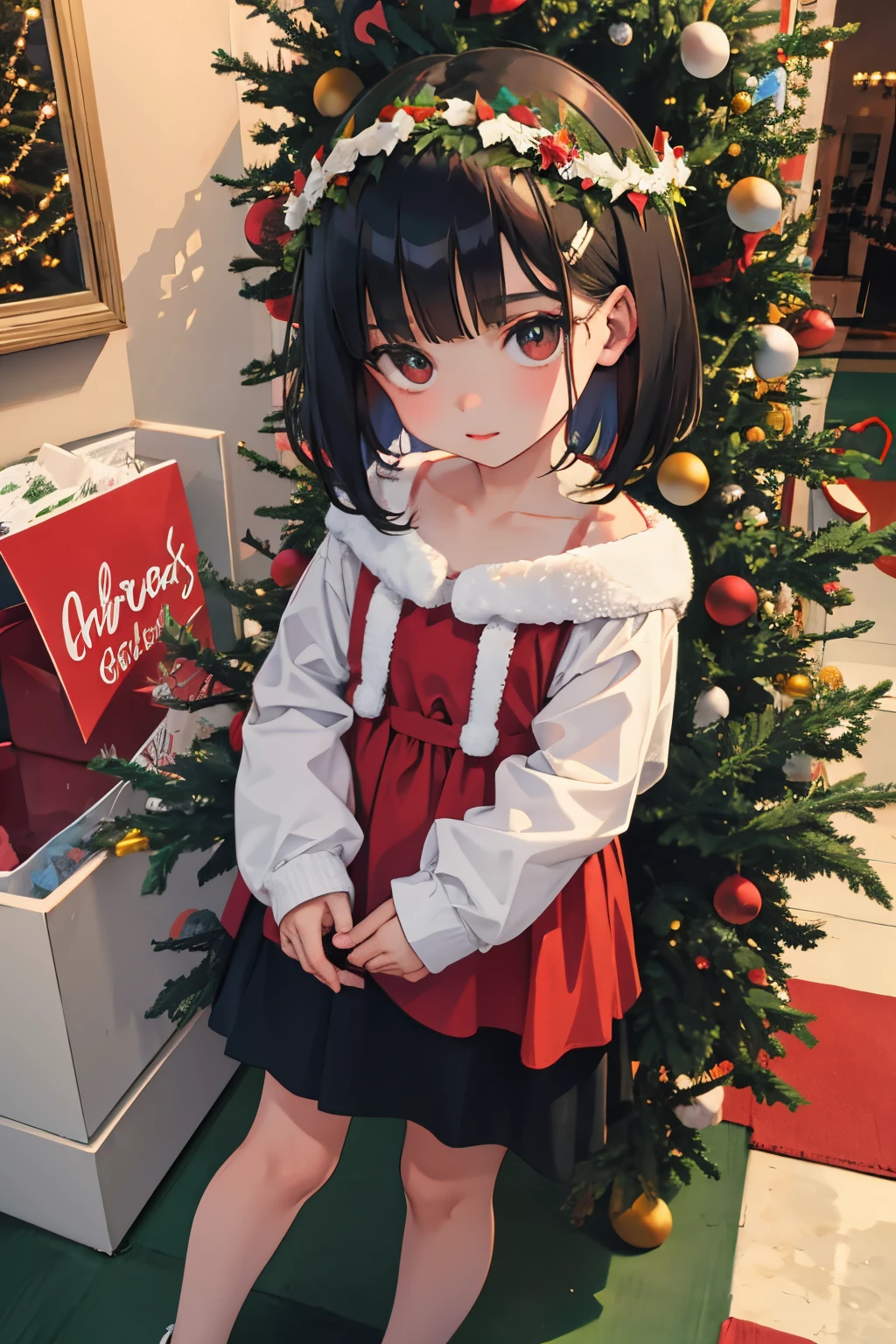 child,Christmas,A dark-haired,Medium bob,Christmas Wreath