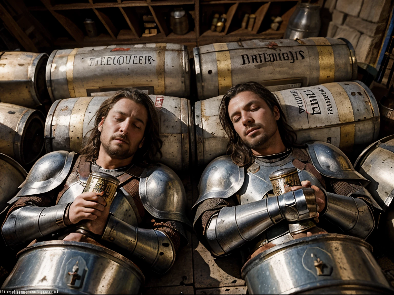 Drunken Medieval (knights) in Armor are (sleeping) among empty beer kegs, medieval painting, empty beer cans scattered around