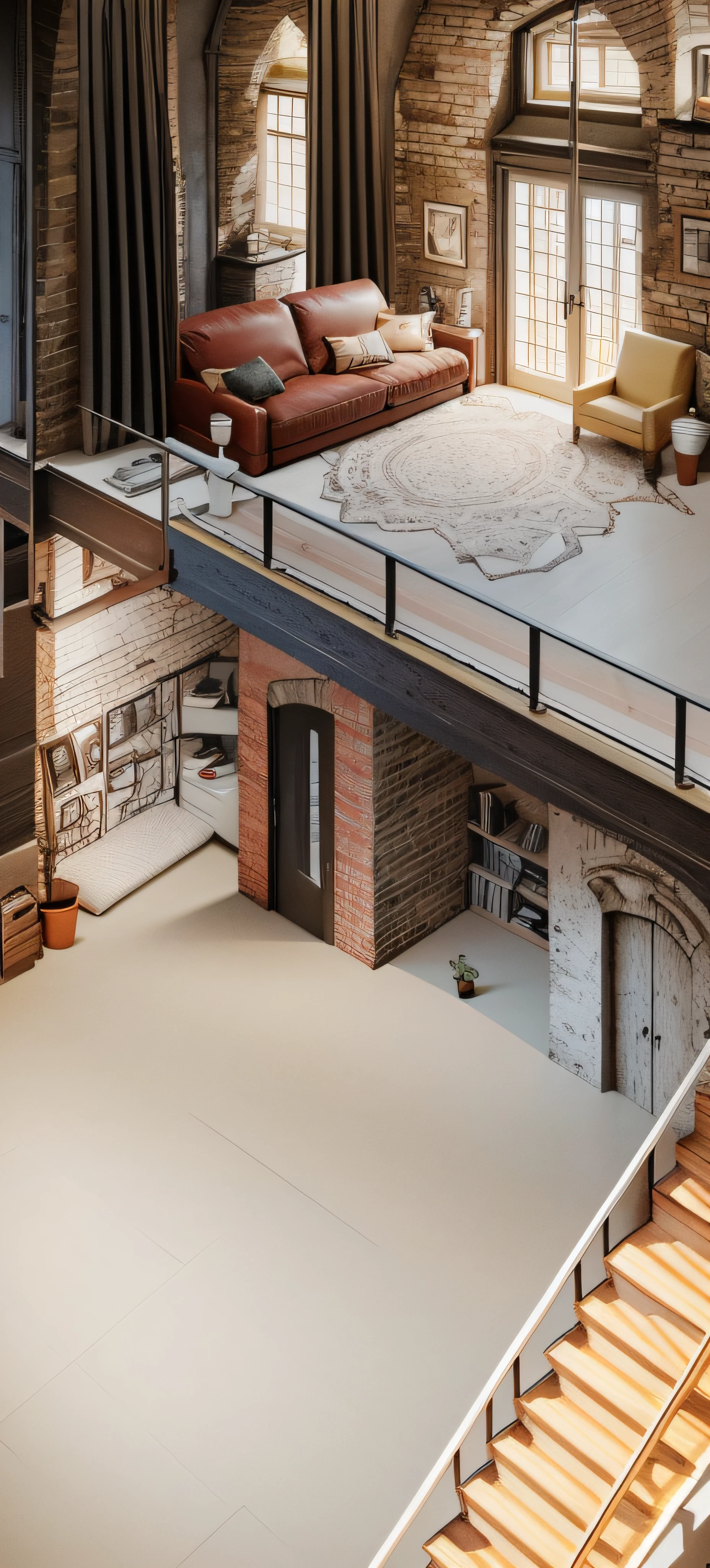 There is a big open space，Inside there are sofas and chairs, Loft interior photos, interior of loft, The secret room has limited space, scale model photography, Surreal, Surreal, Opposite the elevator shaft, small model, looking from above, small model, Al, looking partly to the left, looks very realistic, Set photo