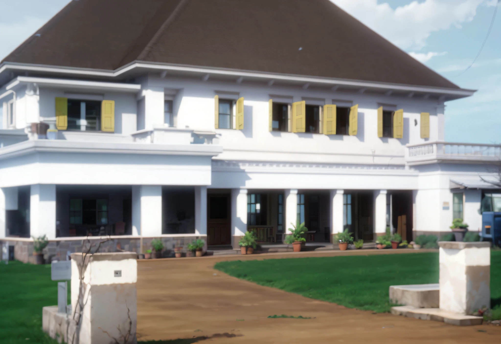 a large old white multi-story house with several pillars and plants in the front yard in the Dutch colonial era, 1940, 1950, 1960, 1970, 1980, there is a concrete fence that is not too high, 2 large trees on the left and right, the walls of the house are colored white with yellow windows and curtains, light brown ground with a few small pebbles, blue sky with a few clouds, daytime weather, sunny weather, dark brown tile roof, rendering in Makoto Shinkai style, Makoto Shinkai artstyle, anime, anime background, 4k, 4k detailed,