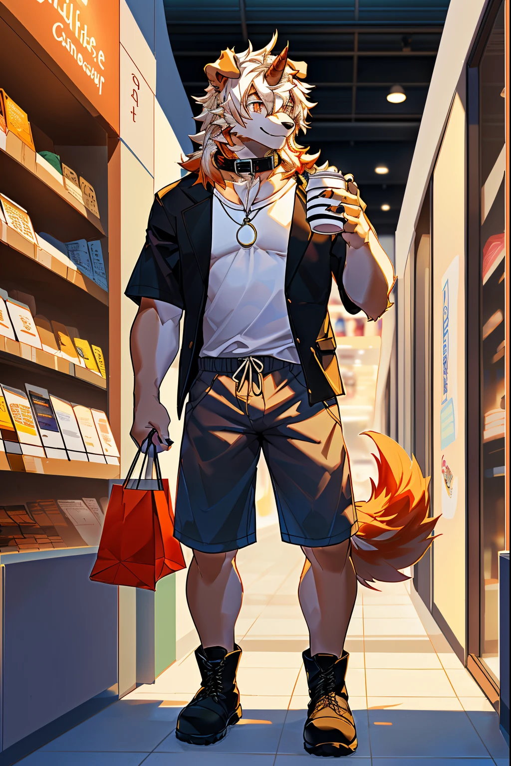 (stay in log, author:ghost of emptiness, by making friends, by honoway, by thebigslick, author:Feinhertz), male people, Alone, Domestic dogs, horn, shrug ears, paws with claws, ssmile,tmasterpiece, Best quality at best, offcial art, extremely detaild的 CG unified 8k wallpapers, ultra - detailed, Best Best Illustration, The best shadow, perfect litthing, Hooking (/arknight/), White fur, furry male, Dog boy, hairy pubic hair, Two-tone fur, 1 boy, Hair color, malefocus, horn, Striped hair, dog ears, Animal ear, single horn, Brown fur, through bangs, orange color hair, White hair, Medium hair, Orange pupils, Alone, Black pupils,ssmile,face flushed,the shy,sexy for,Casual T-shirt,Casual shorts,Bare calves,black black jacket,boots,In the shopping center,in a clothing store,with a collar around the neck,Dog leashes,are standing,Lateral face,Lateral face,Alone,Tall and strong,Orange tail,furry tail,The hair is supple,panting,Gentle eyes,Mild,A slight smil,strong,The light is very gentle,coffee in hand,Hand-held shopping bags,tall,Mild