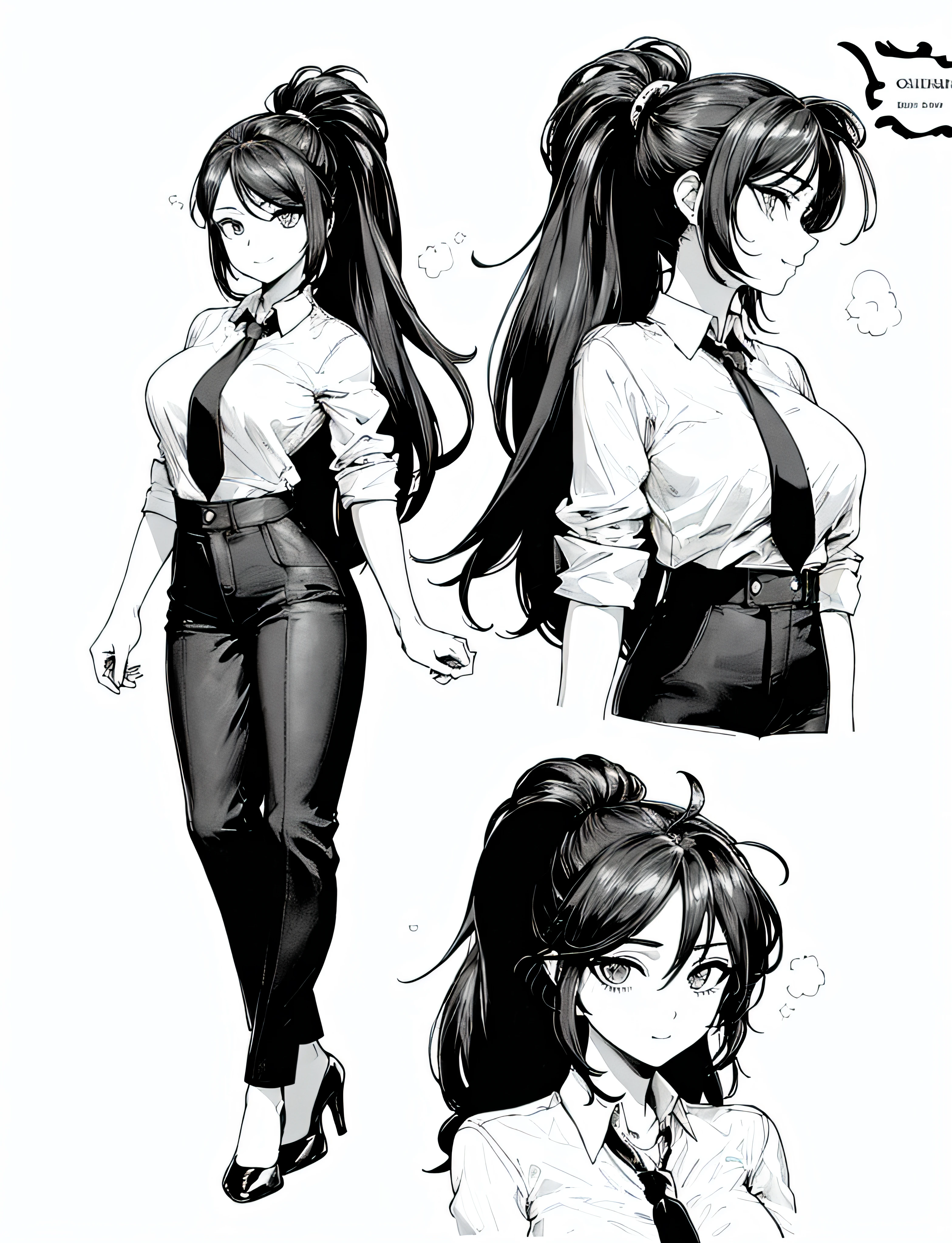 obra maestra, mejor calidad, pelo largo, mirando al espectador, sonrisa, mujer adulta, sexy, pechos grandes, camisa blanca con mangas largas arremangadas, corbata negra, tacones negros, pantalon de vestir negro hasta arriba de la cintura, camisa dentro del pantalon, ojos azules, pelo negro, colita en el cabello, arte lineal, monocromo,
