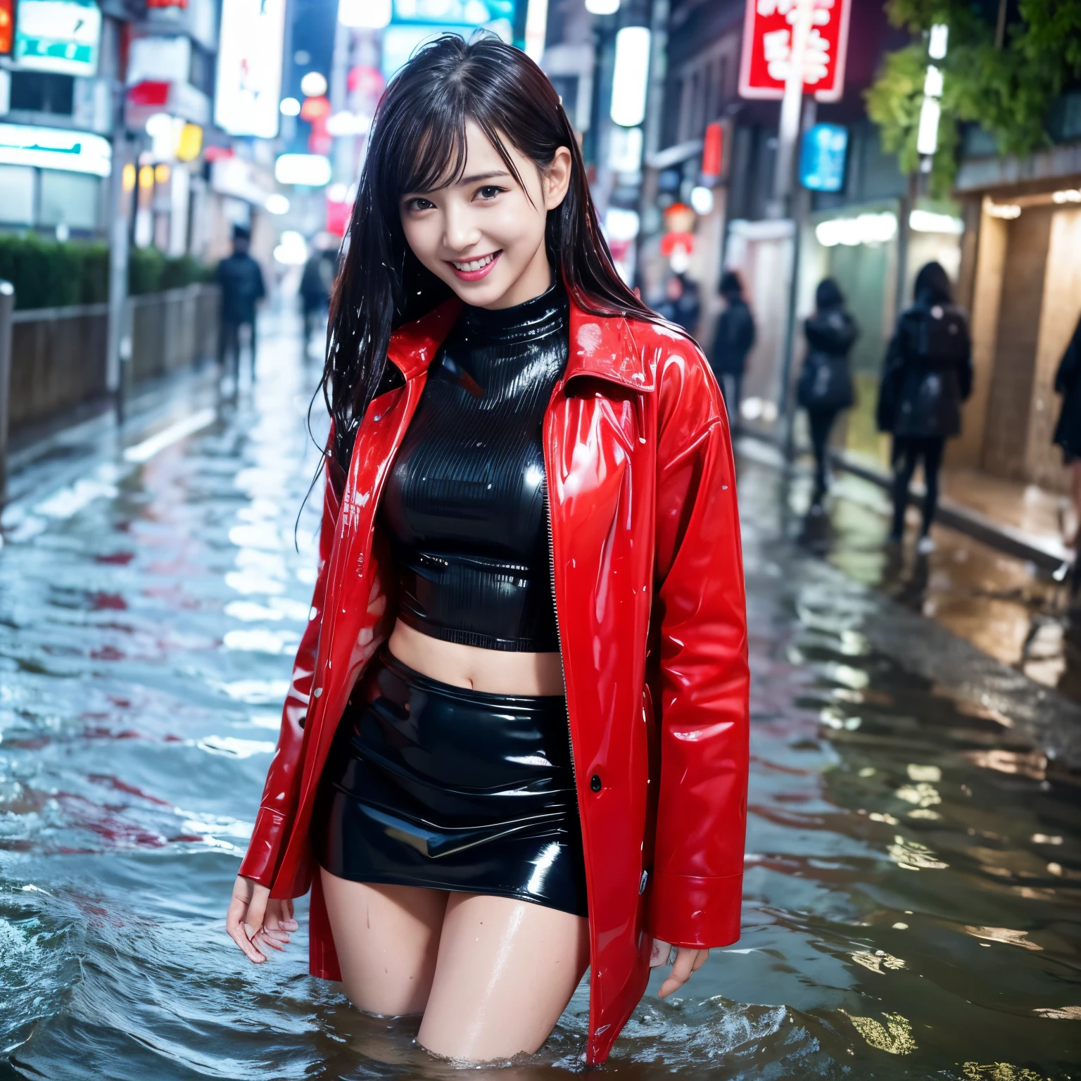 woman in a red leather jacket and skirt standing in the water, wet look, she is wearing a wet coat, on a wet tokyo street, pretty girl standing in the rain, dressed as schoolgirl, wearing jacket and skirt, wearing atsuko kudo latex outfit, soaked, wet streets, wearing red jacket, grin, shirt and tie, soaked, drenched, wet clothes, dripping wet, dripping oil, wet hair, beautiful, best quality, uhd, 8k, photorealistic