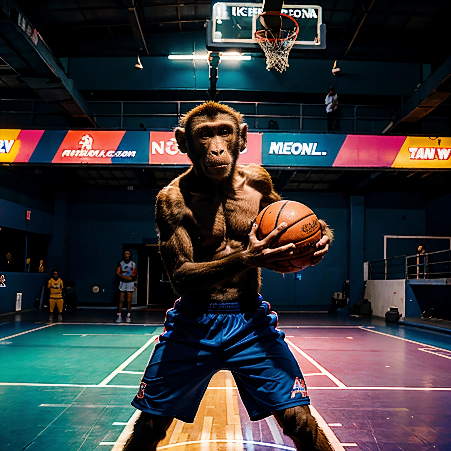 A monkey , the monkey is playing basketball, in a court, neon lights, 8k, high quality, high detail