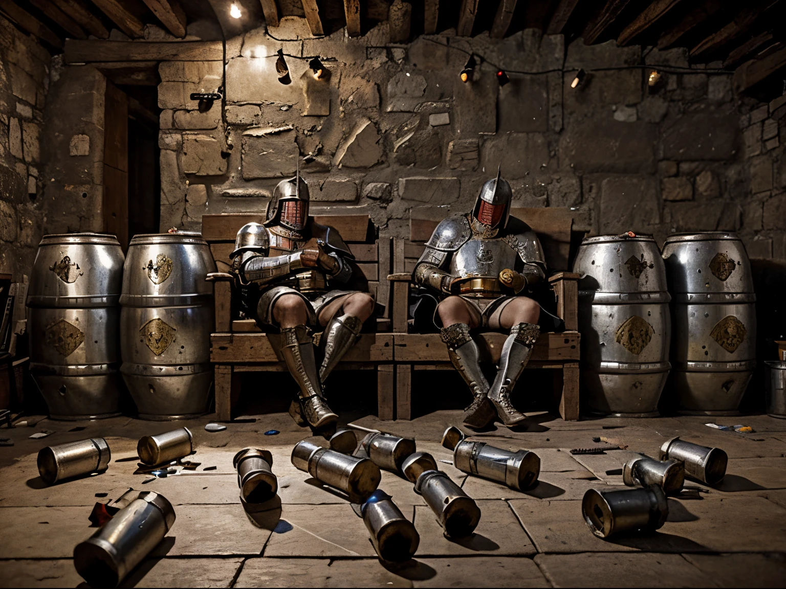 Drunken Medieval (knights) in Armor are (sleeping) among empty beer kegs, medieval painting, empty beer cans scattered around, in cave