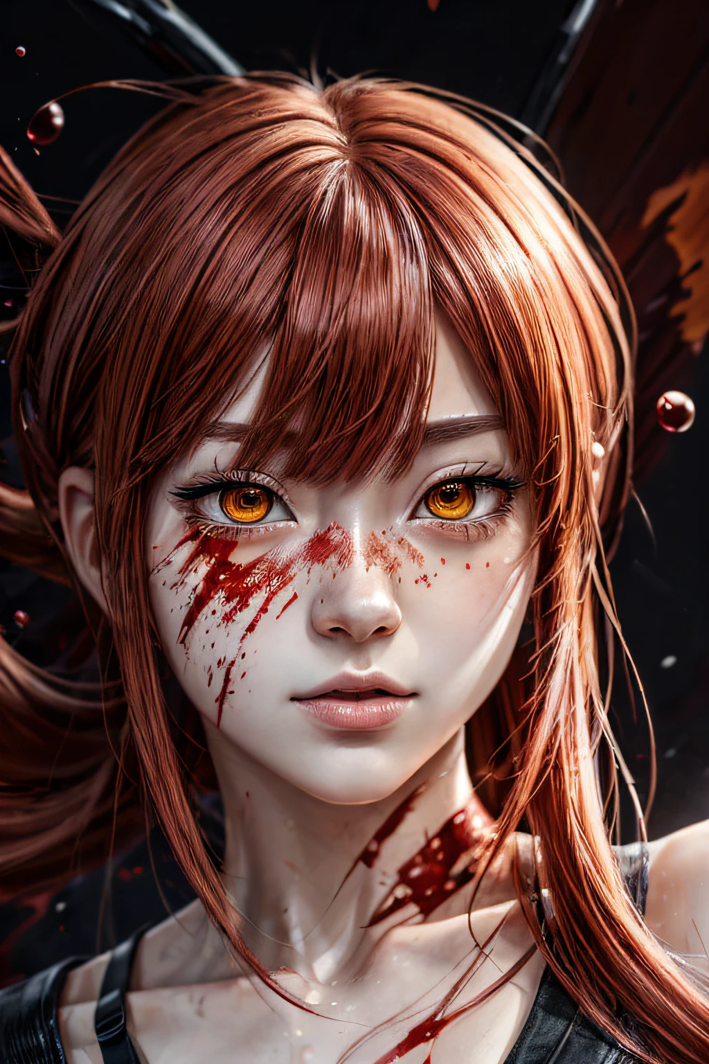 masterpiece, best quality, (extremely detailed CG unity 8k wallpaper, masterpiece, best quality, ultra-detailed, best shadow), (detailed background), (beautiful detailed face, beautiful detailed eyes), High contrast, (best illumination, an extremely delicate and beautiful),1girl,((colourful paint splashes on transparent background, dulux,)), ((caustic)), dynamic angle,beautiful detailed glow,full body, blood splash on face. close up of a woman, anime girl with red hair and a white shirt and tie, a character portrait by Yang J, pixiv, shin hanga, portrait of an anime girl, female anime character, portrait anime girl, portrait of asuka langley soryu, beautiful anime portrait, detailed portrait of anime girl, anime character, realistic anime artstyle, anime girl portrait, anime character portrait, blood on face, sweat face,
