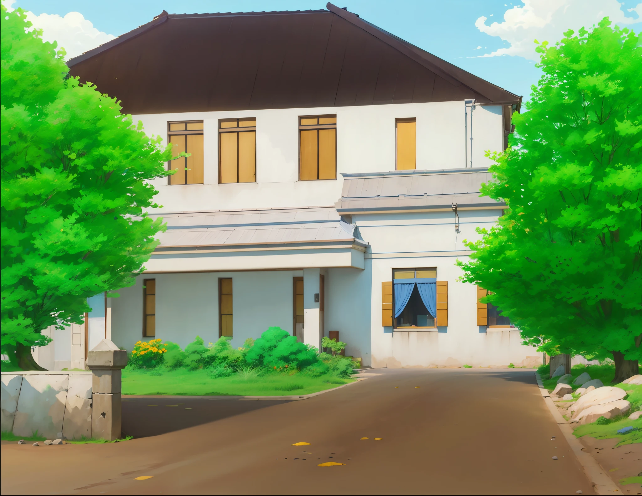 a large old white multi-story house with several pillars and plants in the front yard in the Dutch colonial era, 1940, 1950, 1960, 1970, 1980, there is a concrete fence that is not too high, 2 large trees on the left and right, the walls of the house are colored white with yellow windows and curtains, light brown ground with a few small pebbles, blue sky with a few clouds, daytime weather, sunny weather, dark brown tile roof, rendering in Makoto Shinkai style, Makoto Shinkai artstyle, anime, anime background, 4k, 4k detailed,