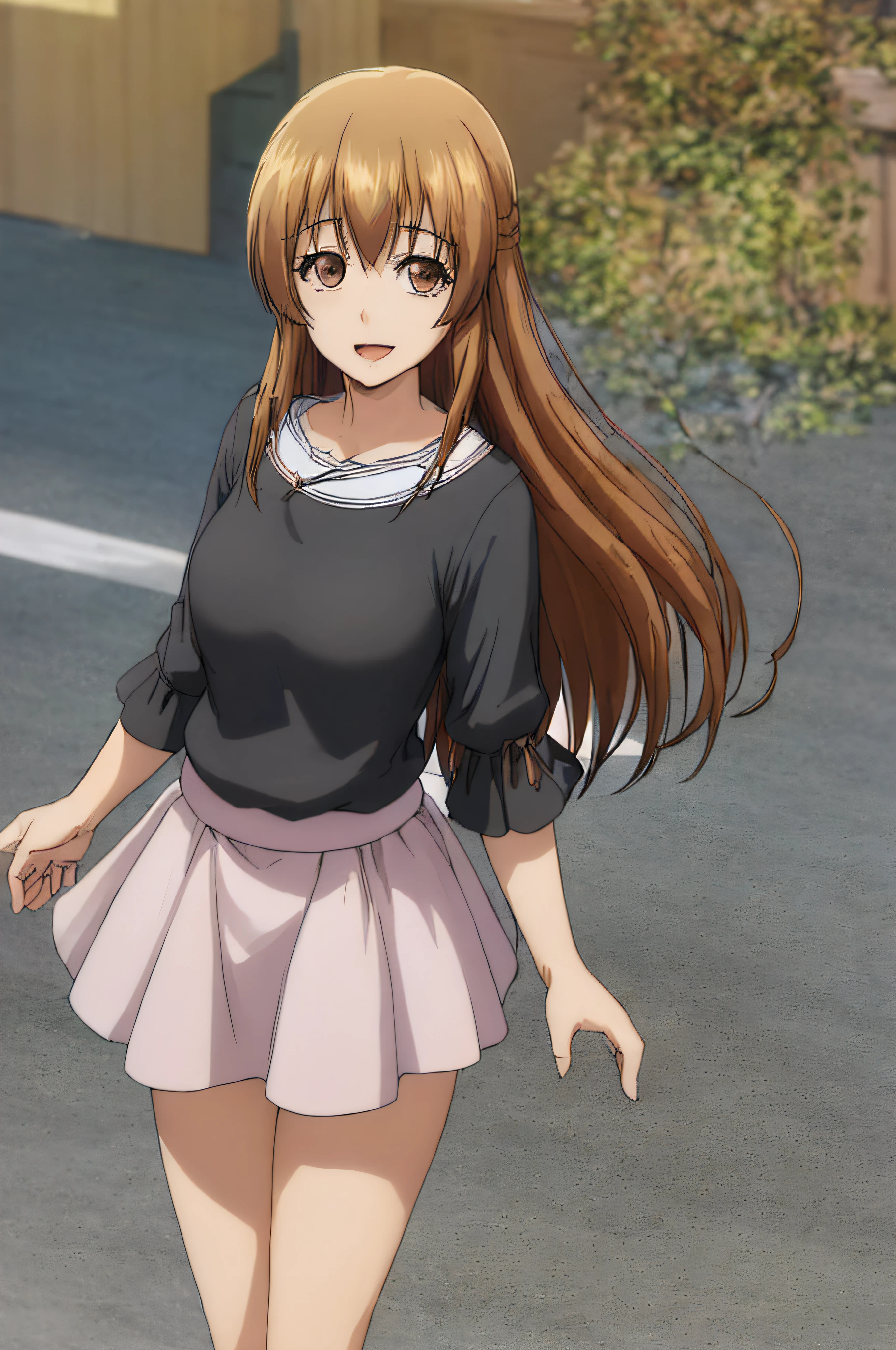 best quality, (masterpiece:1.2), highly detailed, street, 1girl, kotegawa nanaka, looking at viewer, slight smile, open mouth, brown eyes, brown hair, long hair, black shirt, elbow sleeves, pink skirt, miniskirt