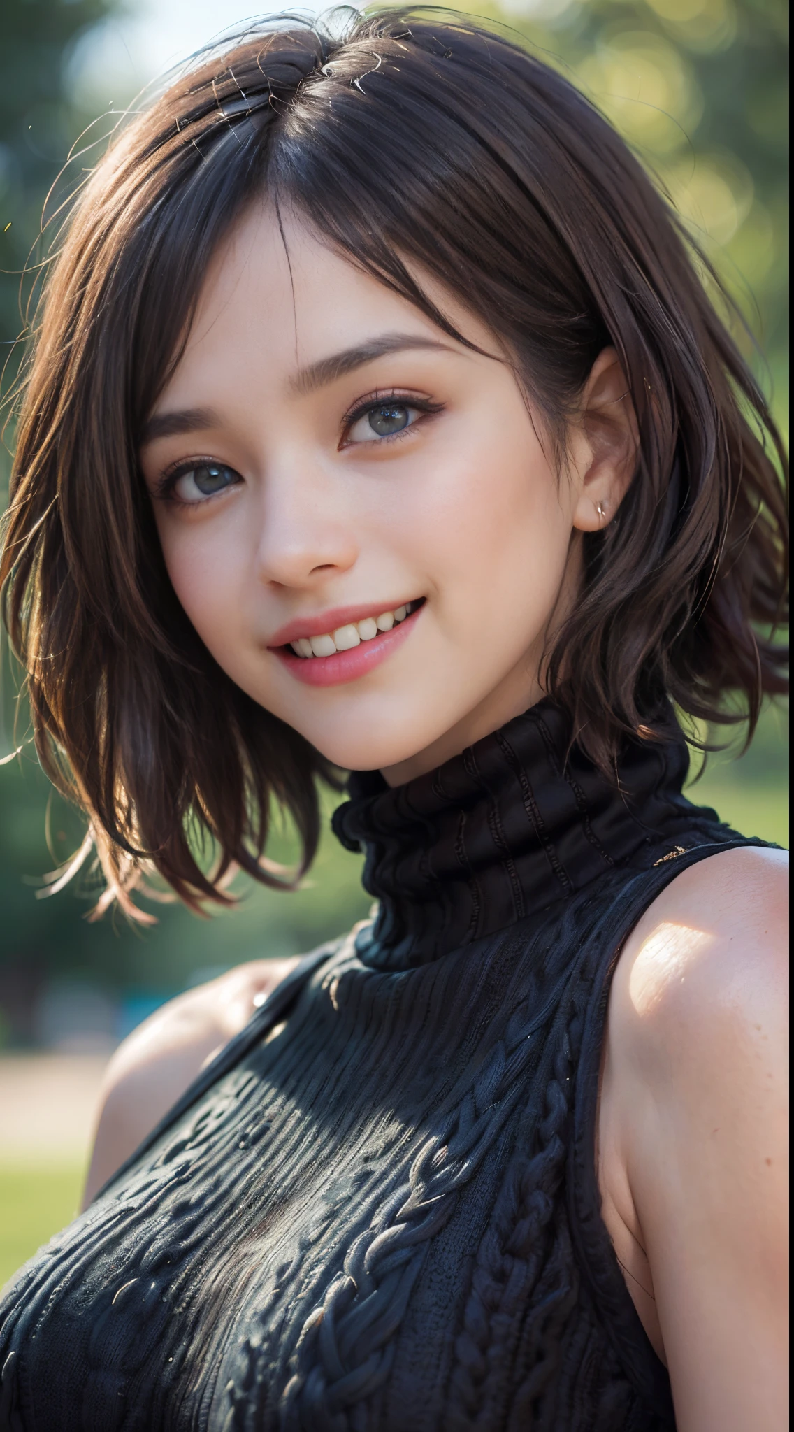 (best quality, 4k, 8k, high-res, masterpiece:1.2), ultra-detailed, (realistic, photorealistic, photo-realistic:1.37), (beautiful detailed eyes, beautiful detailed lips, extremely detailed eyes and face:1.5), studio lighting, physically-based rendering, vivid colors, (big tits, super big tits, super extra big tits), (black turtleneck knit:1.5), (portrait, smile and laugh:1.5), (bob cut, brown hair, hair blowing in the wind, shiny hair, shiny skin), (blurred background:1.37), (tilt your head to the side:1.5),