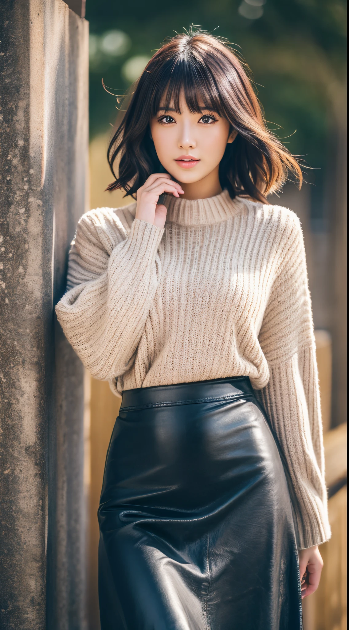 Best Quality, 8k, 32k, Masterpiece, Attractive Japan Woman Pictures, One Girl, (full body : 1.2), Abs, Perfect Body, (tunic sweater 1.1),(leather long-maxi skirt :1.2),Ultra Detailed Face, Detailed Lips, Fine Eyes, Double Eyelids,short hair,Disheveled Hair,