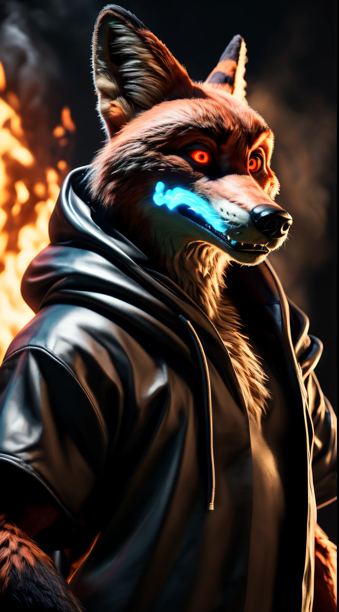 (best quality,4k,8k,highres,masterpiece:1.3),ultra-detailed,(realistic,photorealistic,photo-realistic:1.37),(the ultimate Orochi nick wilde) red glowing eyes,fierce expression,realistic fire background,The King of Fighters XIII style,serious look on his face,wearing a green hooded cloak