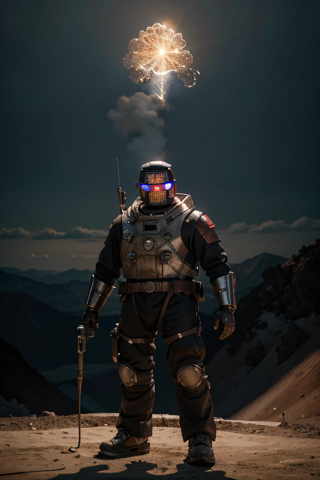 A crazy toy with a big one A Soviet one-eyed robot from CCCP, y casco Estilo, Pinzas en las manos, Cabeza de TV, cabeza de alfiler, camuflaje Oro Plata Rosa Oxidado, Atmosphere in the crater of a super-detailed meteorite, centro, Beautiful, Soft lighting, centrado en el personaje, 4k-resolution, Photorealistic rendering,