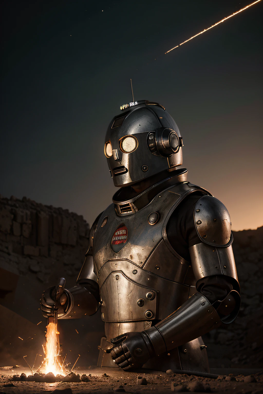 A crazy toy with a big one A Soviet one-eyed robot from CCCP, y casco Estilo, Pinzas en las manos, Cabeza de TV, cabeza de alfiler, camuflaje Oro Plata Rosa Oxidado, Atmosphere in the crater of a super-detailed meteorite, centro, Beautiful, Soft lighting, centrado en el personaje, 4k-resolution, Photorealistic rendering,