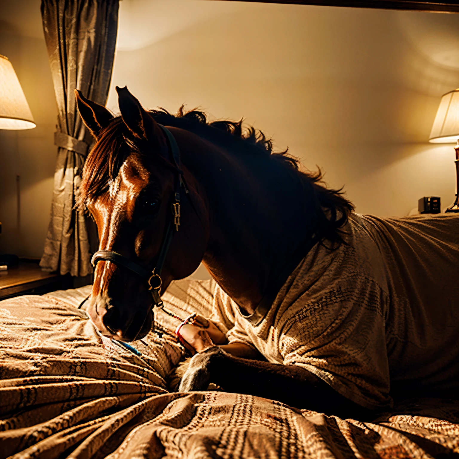 A horse , wearing pajamas, in a bed, in a hotel , eating food, wearing sunglasses, 8k, high quality, neon lights, high detail