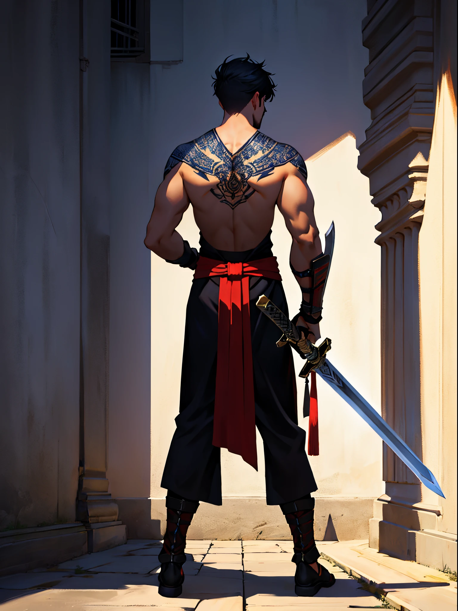 A warrior with a sword drawn，Back Shadow，Full body photo