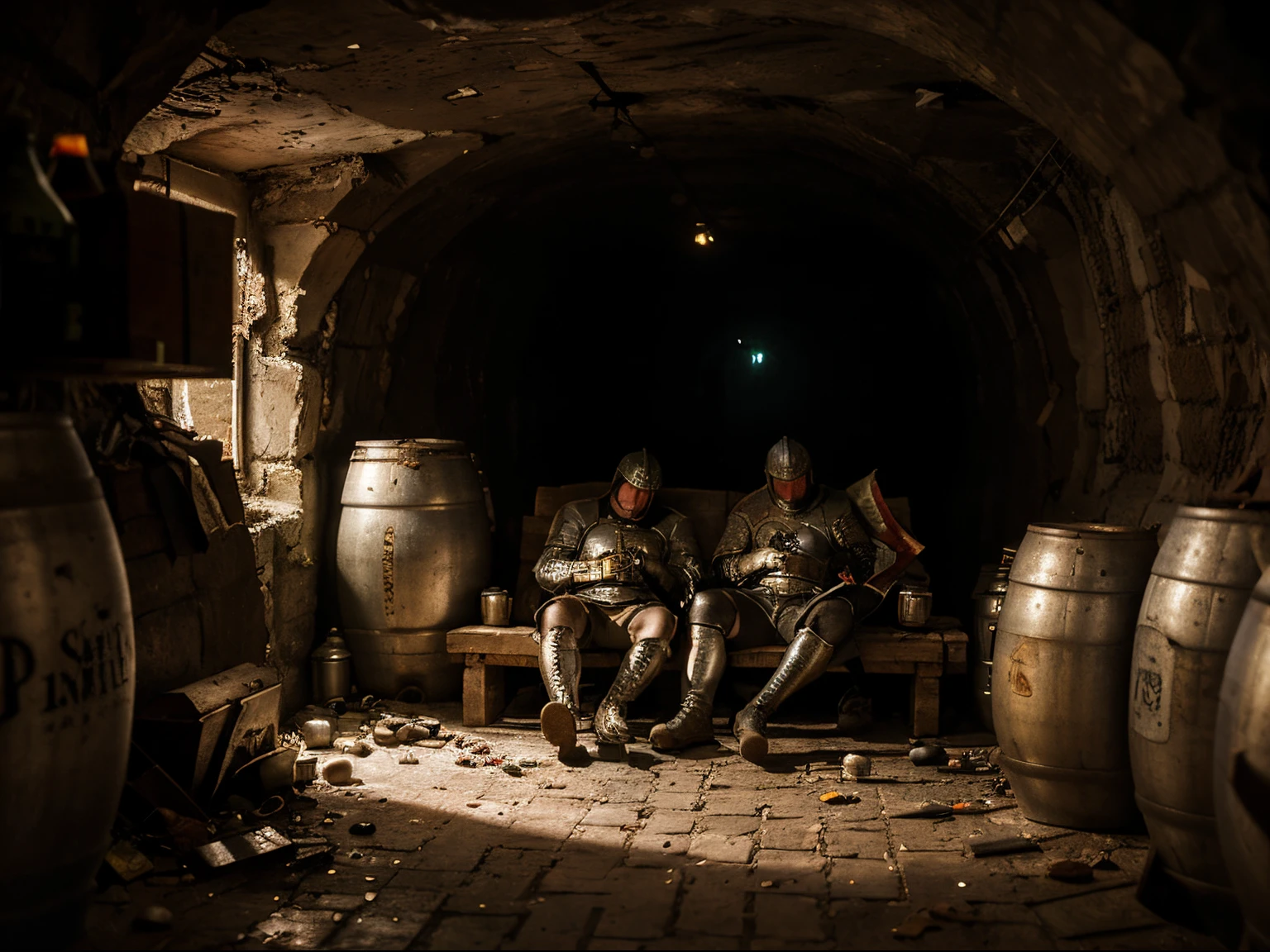 Drunken Medieval (knights) in Armor are (sleeping) among empty beer kegs, medieval painting, empty beer cans scattered around, in cave, eerie atmosphere