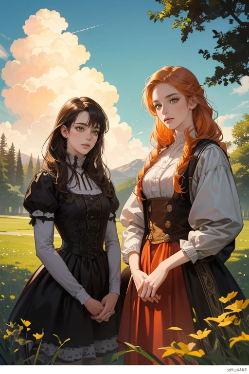 masterpiece, best quality, realistic, 1woman, mature female, beautiful, 25 years old, extremely detailed face, ((green eyes)), ((long red-orange braided hair)), , citizen, ((dressed in adventurer outfit)), cinematic lighting, looking at the audience, posture dynamics, Victorian era, detailed eyes, detailed face, high quality image, expression: happy, meadow, mountainside, trees, flowers, deer in the background, blue sky, clouds